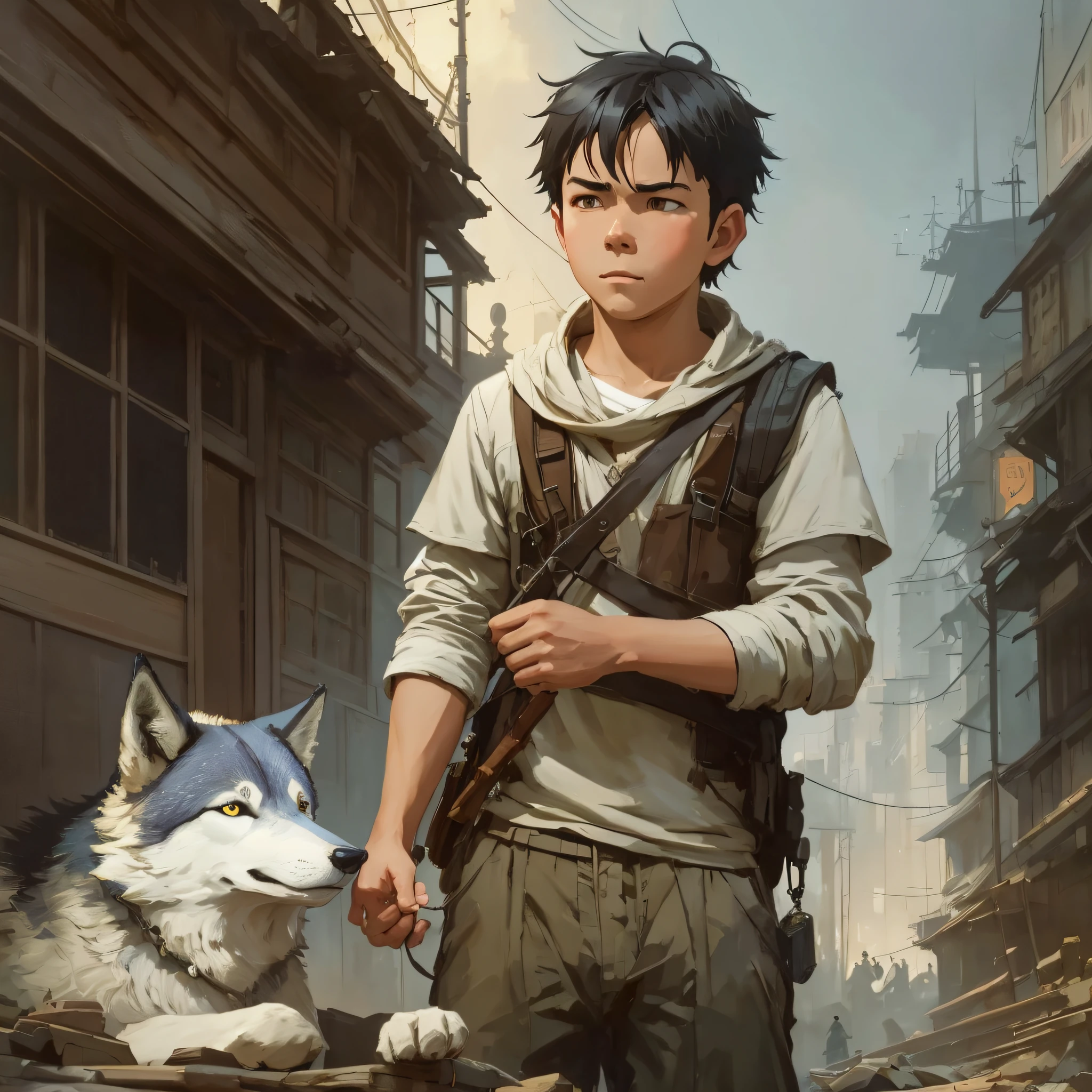 a boy and a wolf, well detailed, best quality, majestic professional oil painting by Ed Blinkey, Atey Ghailan, Studio Ghibli, by Jeremy Mann, Greg Manchess, Antonio Moro, trend in ArtStation, trend in CGSociety, Intricate, High Detail, sharp focus, dramatic, photorealistic painting art by Midjourney and Greg Rutkowski --auto --s2