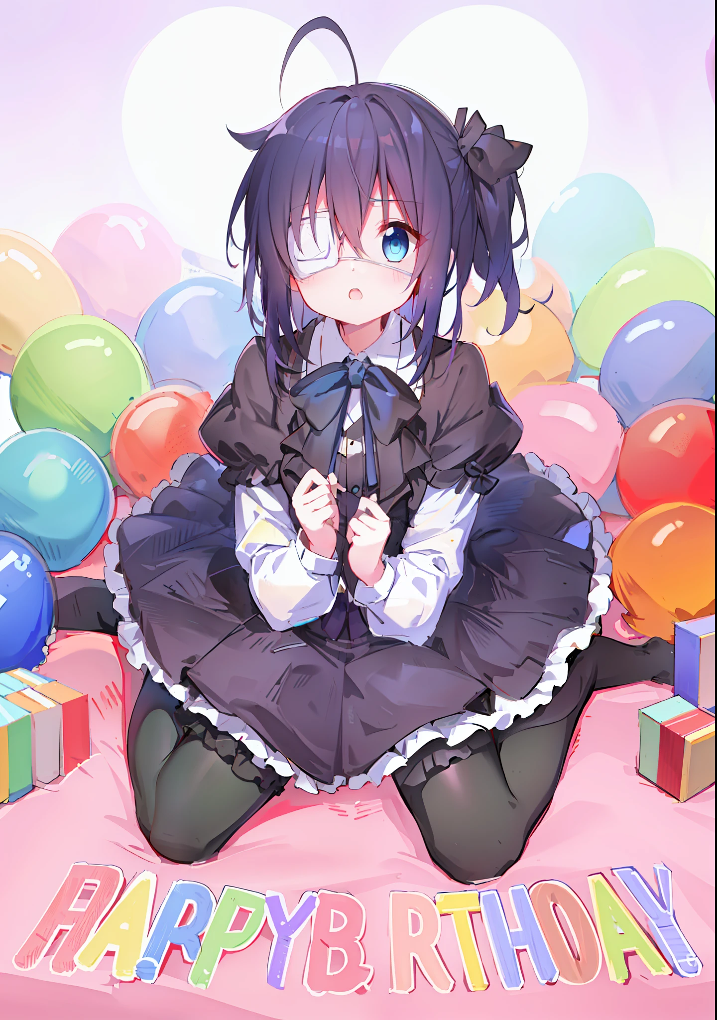 high res, masterpiece,Rikka Takanashi, black hair, solo, 1girl,outside,deatailed background, detailed eyes, ((blue eyes)), eyepatch