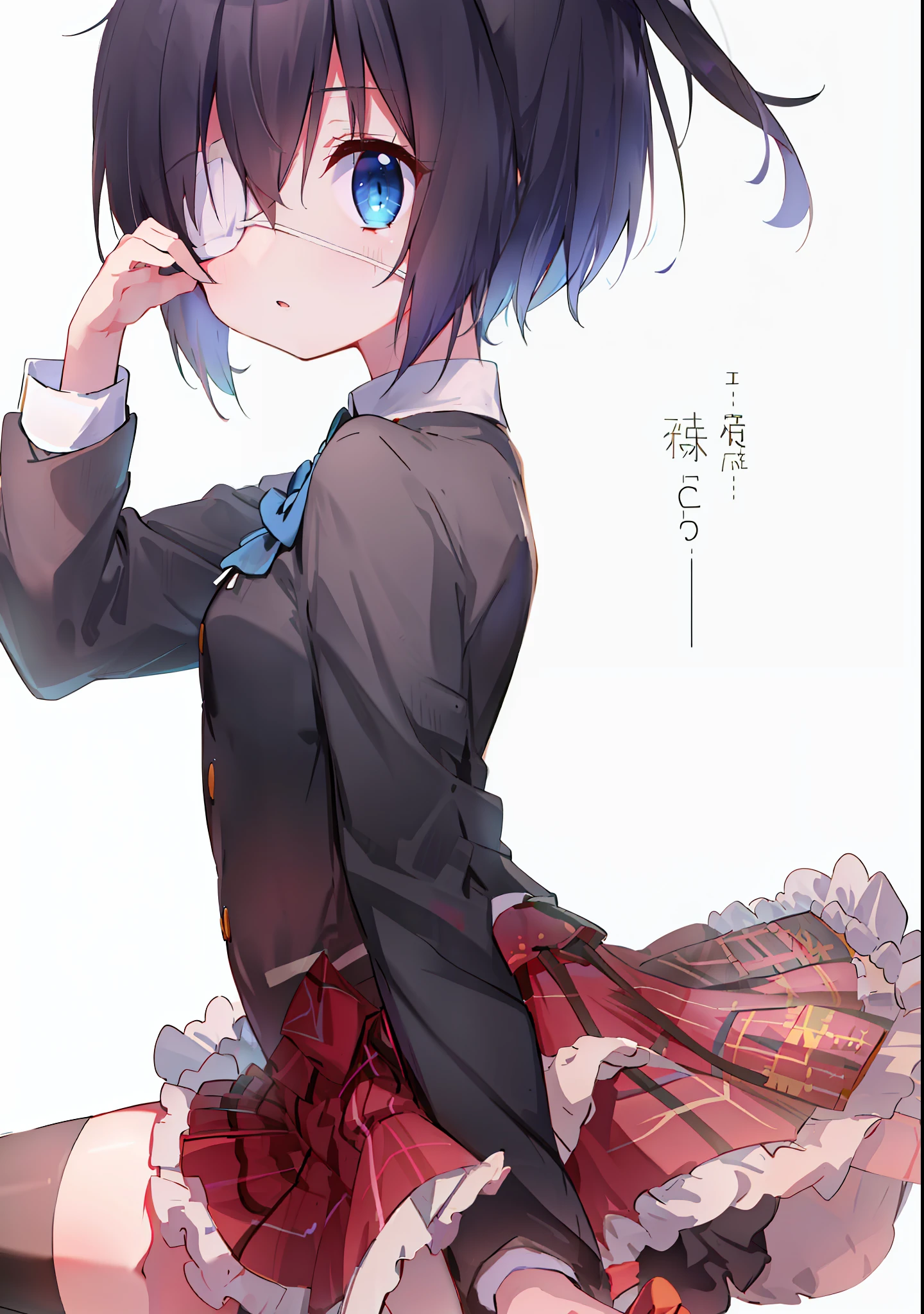 high res, masterpiece,Rikka Takanashi, black hair, solo, 1girl,outside,deatailed background, detailed eyes, ((blue eyes)), eyepatch