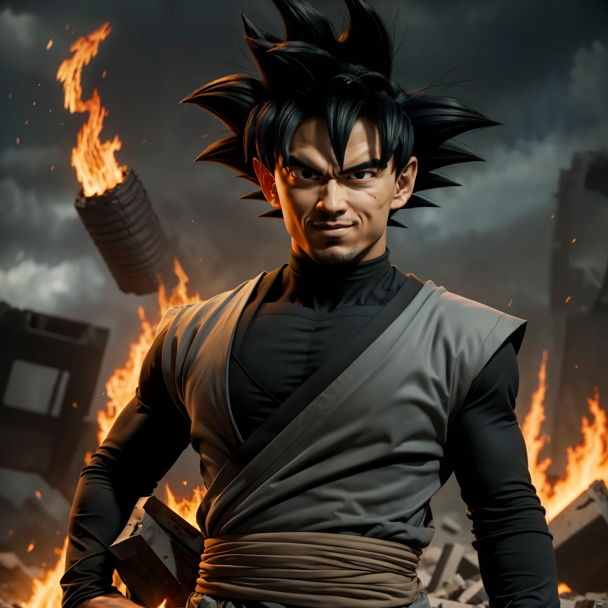 ((masterpiece, best quality)),(complex light), 1boy,solo,upper body, goku black,black hair,black eyes,  destroyed debris background,smirk, fire,