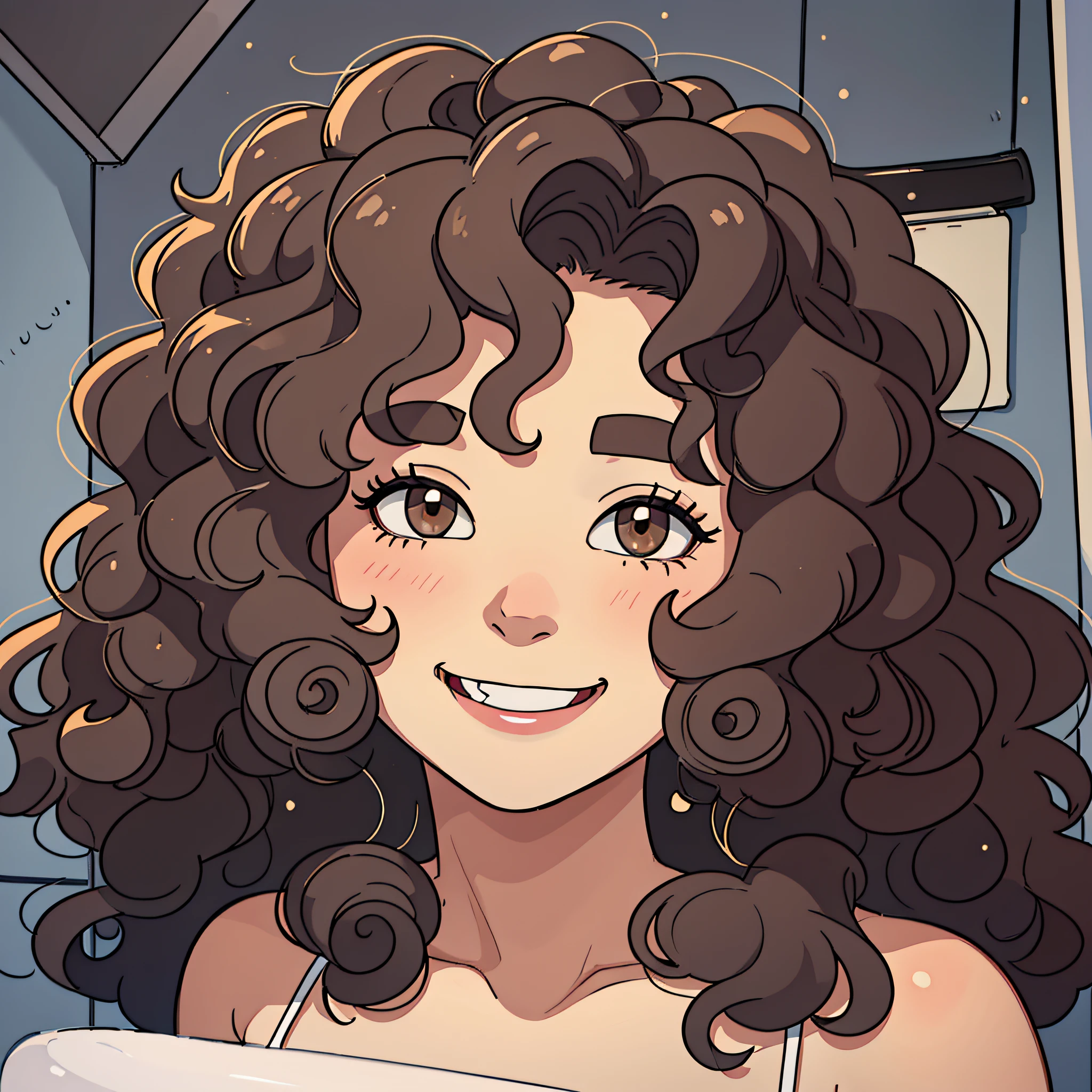 There is a woman with curly hair smiling in a bathroom, short curly dark hair smiling, smiling happily at the camera, beautiful and smiling, curly hair, messy curly hair, curly, she is smiling, she is smiling and happy, very silly looking, headshot profile picture, po, insane smile, curly hair, very slightly smiling