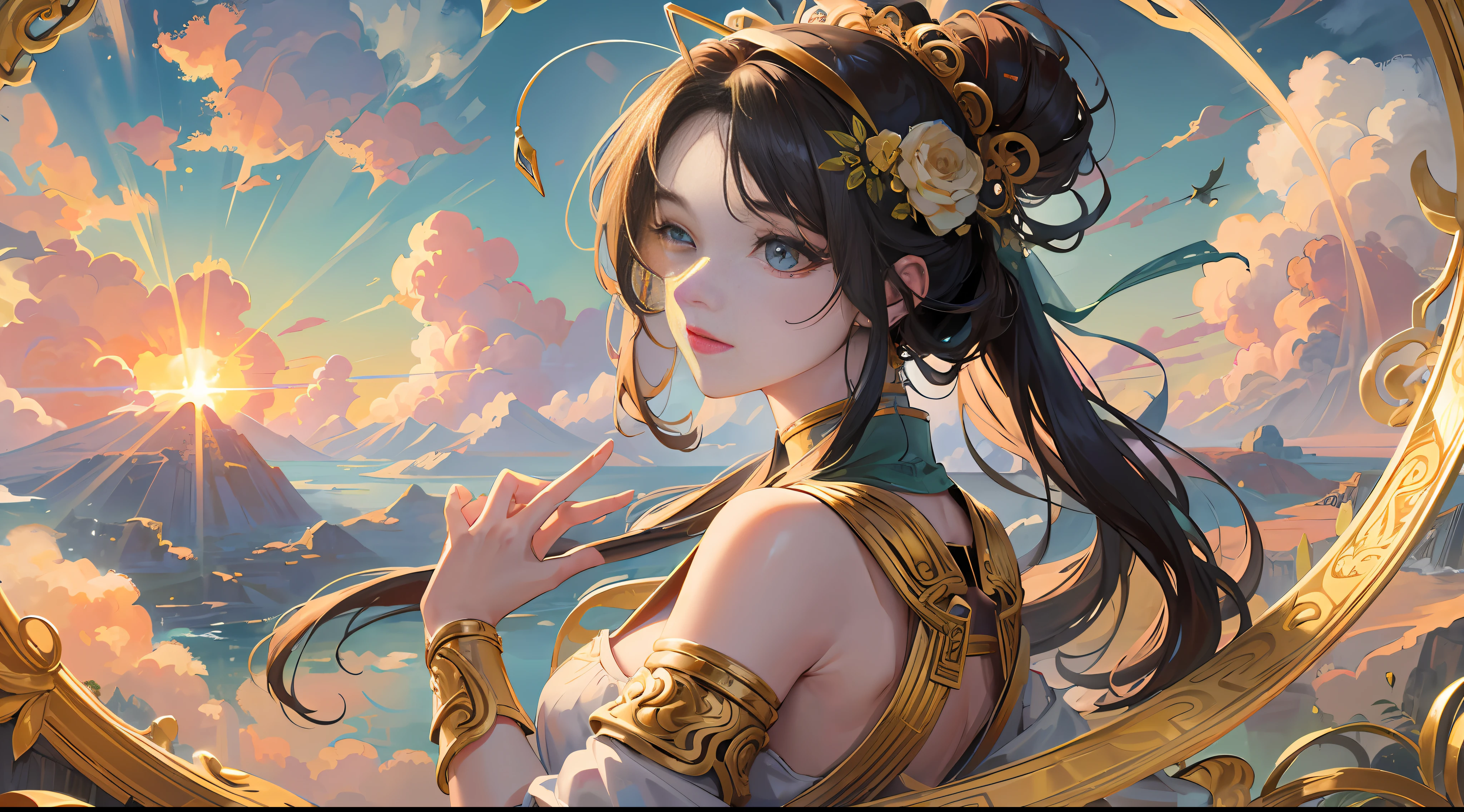 A surreal, otherworldly, overall wallpaper in paradise scene, 4k, best picture quality, masterpiece level, ultra-high resolution, mythological theme, golden hoop rod erected in the center of the picture, Qi Tian Daisheng confrontation heavenly immortal, heavenly soldier and heavenly general, detailed clouds and mist, emitting divine light, --auto --s2