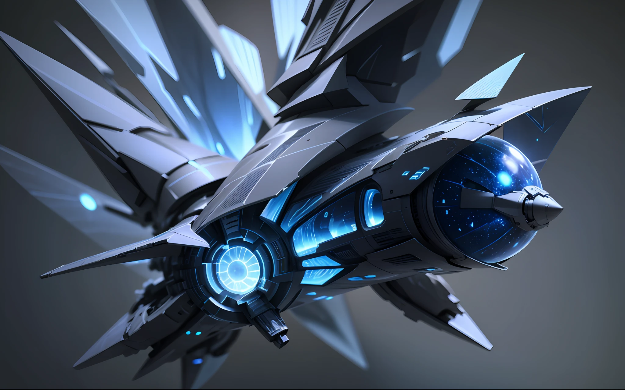 Close up of futuristic flying object with blue light, 8 K high detail concept art, amazing space creatures 8K, concept art 8 K, 3 D render beep, high quality digital concept art, concept art 8k, concept art 8k, concept art wallpaper 8k, 8k highly detailed digital art, award winning concept artist --auto --s2