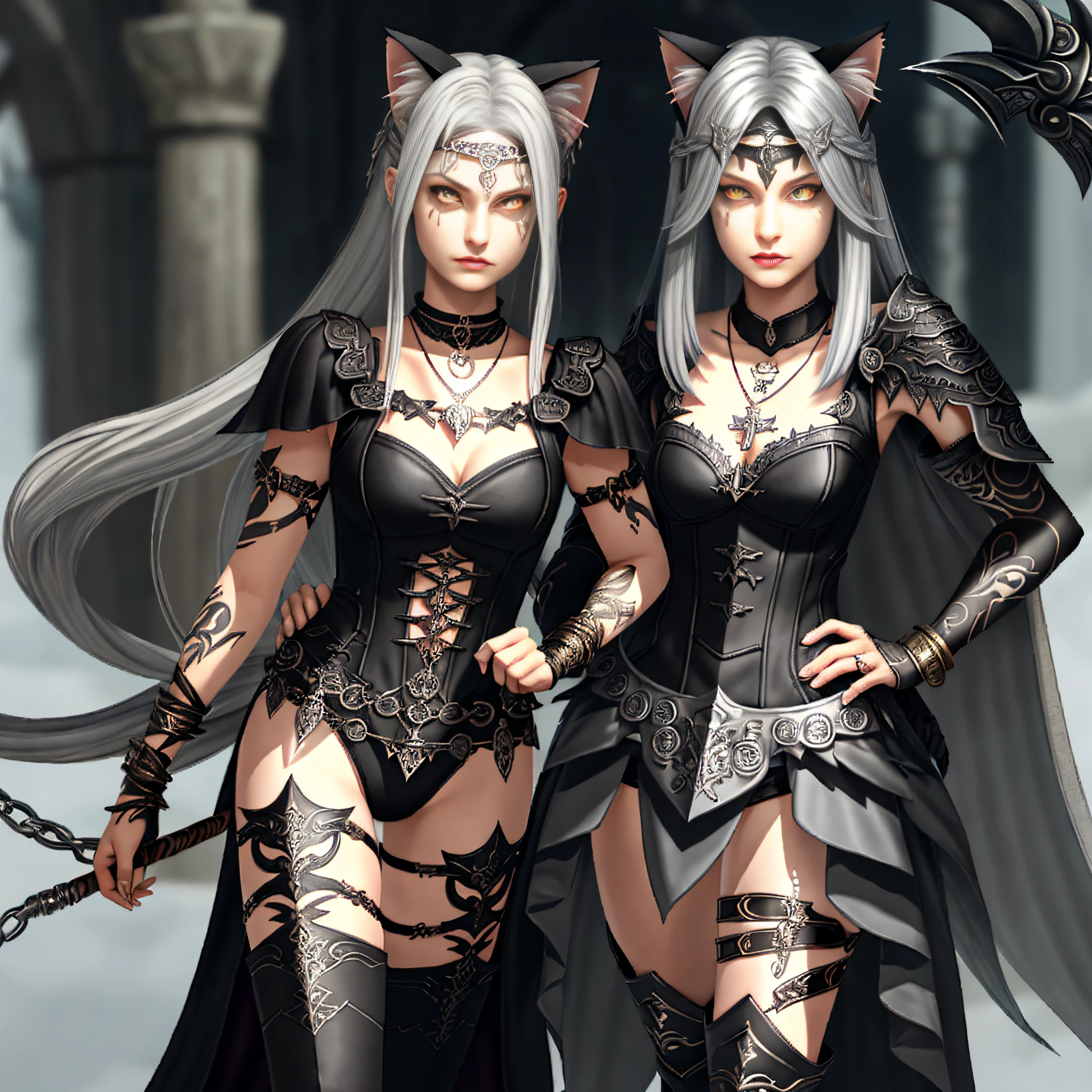 Two people, adult female, cat ears, gray hair, glowing eyes, young, bracelet, necklace, tattoo, fangs, long hair, underwear, tattoo, full body, necklace, sword, tail, anklet
