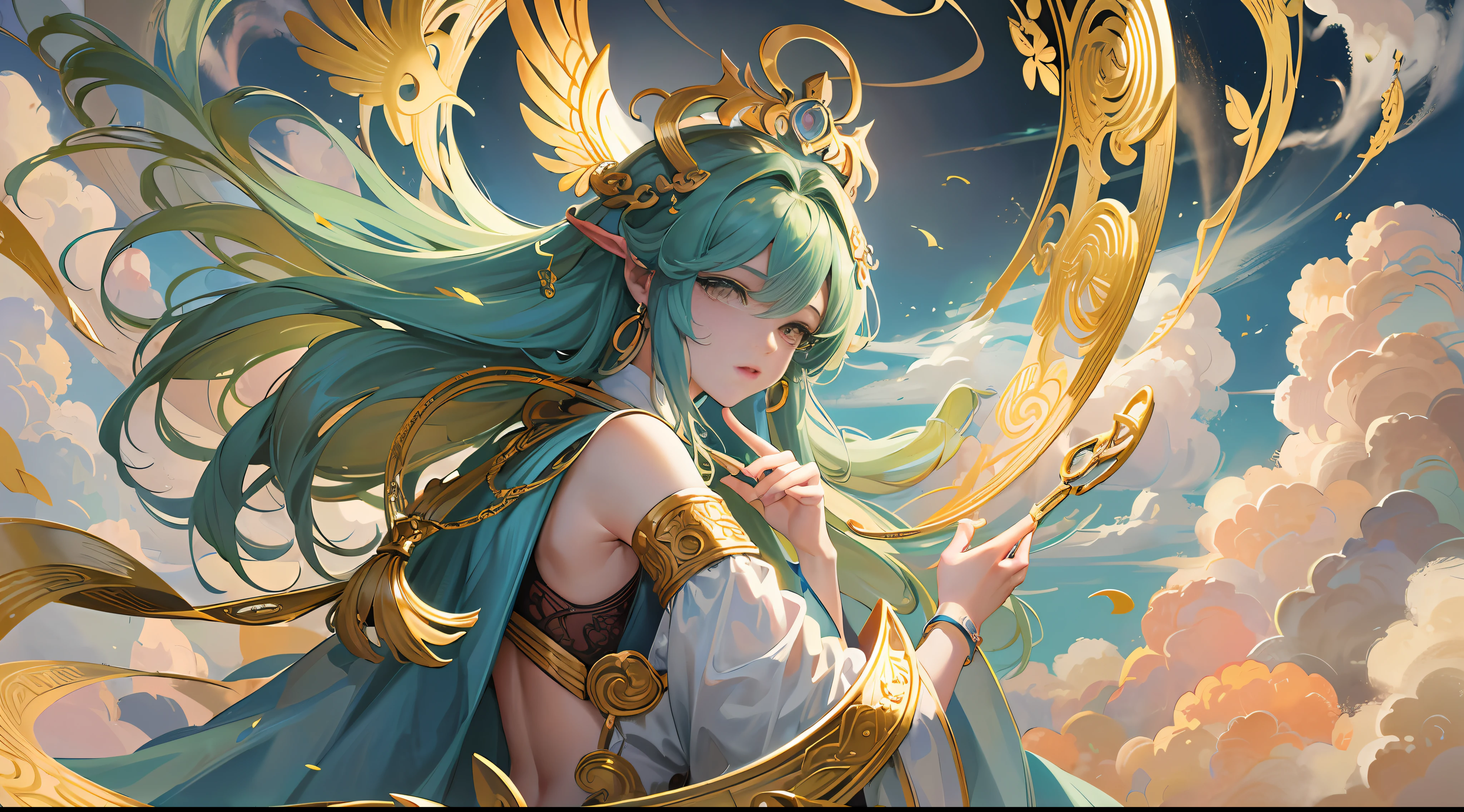 A surreal, otherworldly, overall wallpaper in paradise scene, 4k, best picture quality, masterpiece level, ultra-high resolution, mythological theme, golden hoop rod erected in the center of the picture, Qi Tian Daisheng confrontation heavenly immortal, heavenly soldier and heavenly general, detailed clouds and mist, emitting divine light, --auto --s2