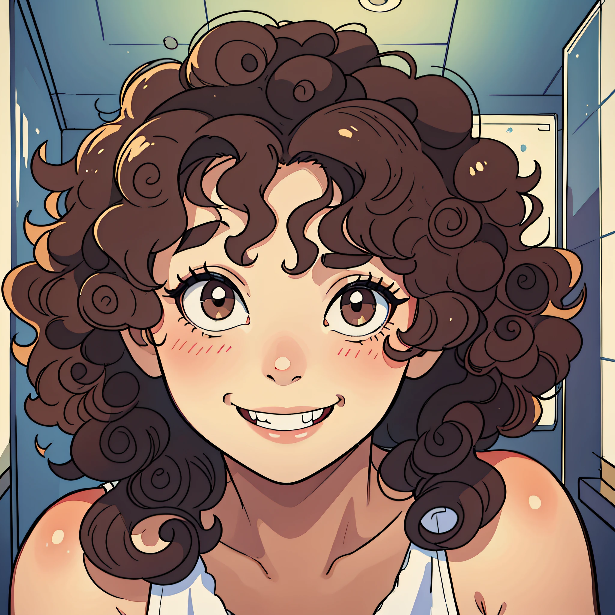 There is a woman with curly hair smiling in a bathroom, short curly dark hair smiling, smiling happily at the camera, beautiful and smiling, curly hair, messy curly hair, curly, she is smiling, she is smiling and happy, very silly looking, headshot profile picture, po, insane smile, curly hair, very slightly smiling