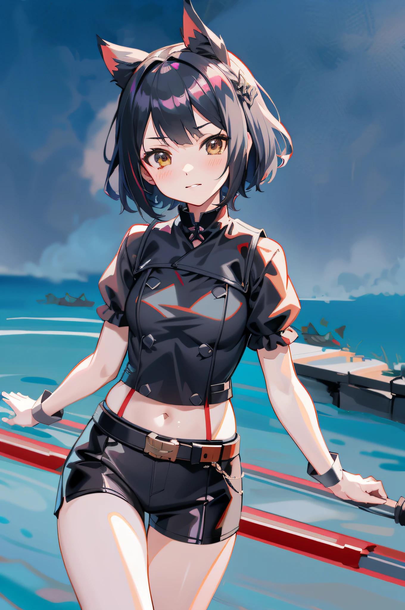 anime girl in black outfit standing on a boat in the ocean, kantai collection style, best anime 4k konachan wallpaper, anime style 4 k, badass anime 8 k, anime moe artstyle, from the azur lane videogame, 4 k manga wallpaper, anime style. 8k, anime girl walking on water, anime art wallpaper 8 k