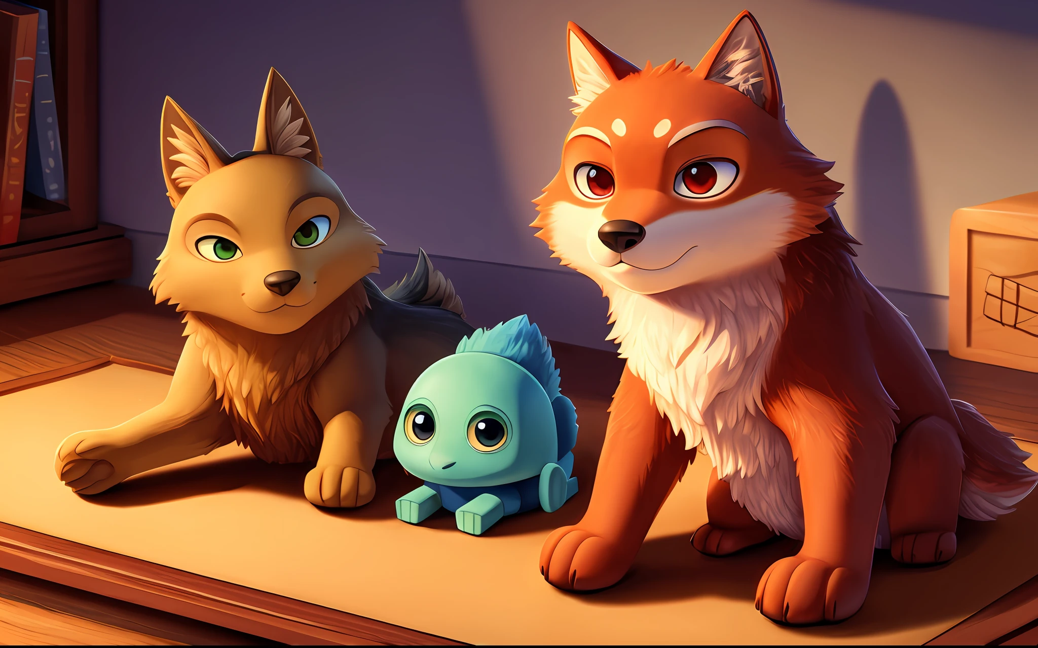 3 wolves, clean background, full body picture, Ghibli-like colors, Pixar, blind box toy style, diorama drawing, Sony FE GM, best quality, super detail, 8k, high resolution, UHD, ccurate, masterpiece, high detail, award-winning