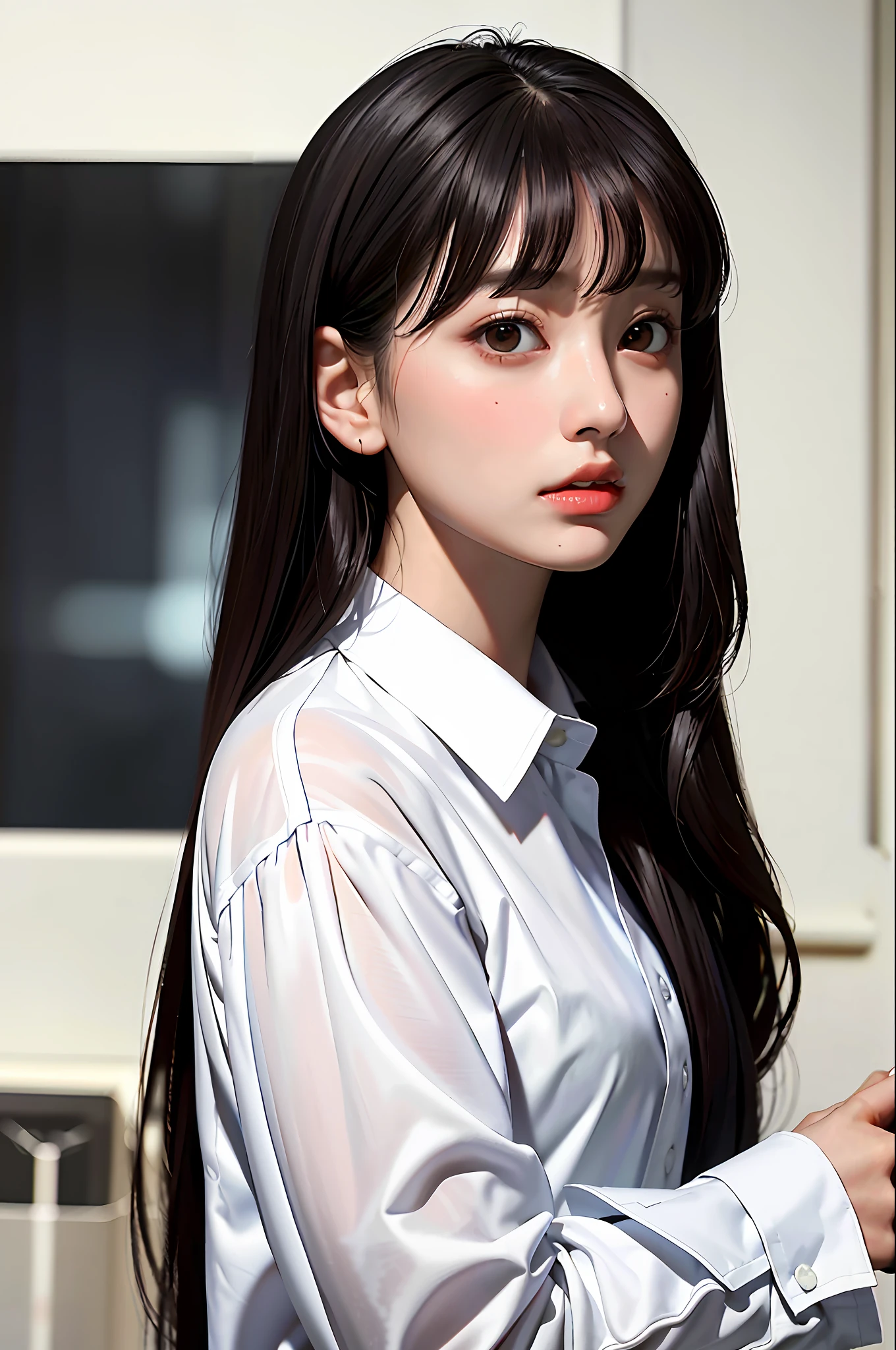 Masterpiece, best quality, (dark photo: 1.3), realistic, 1girl, flat bangs, stunning innocent symmetrical face, shirt, emotional, ulzzang, (PureErosFace_V1: 0.7)