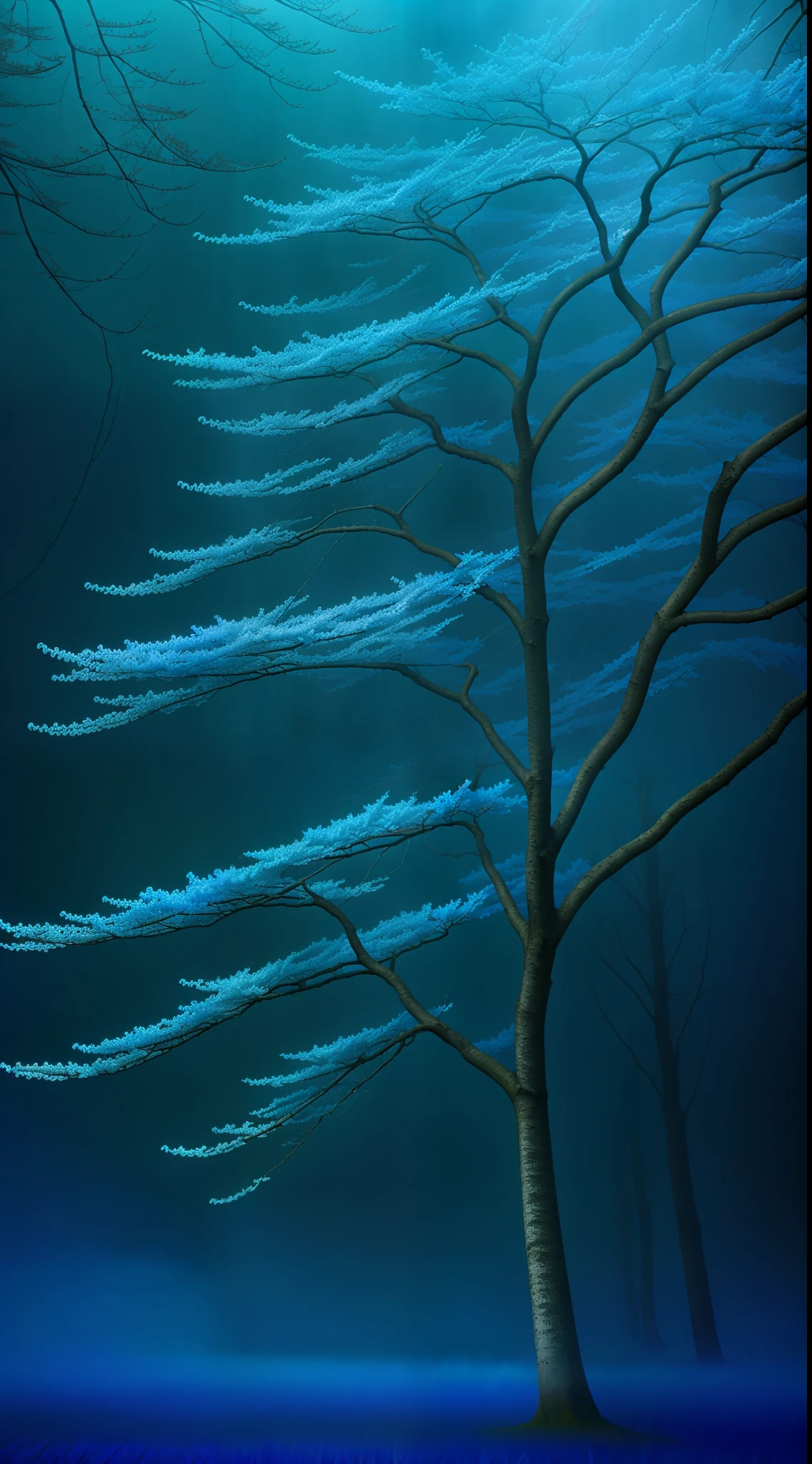 Blue tree, breath-taking rendering, dark background, radiant mist,