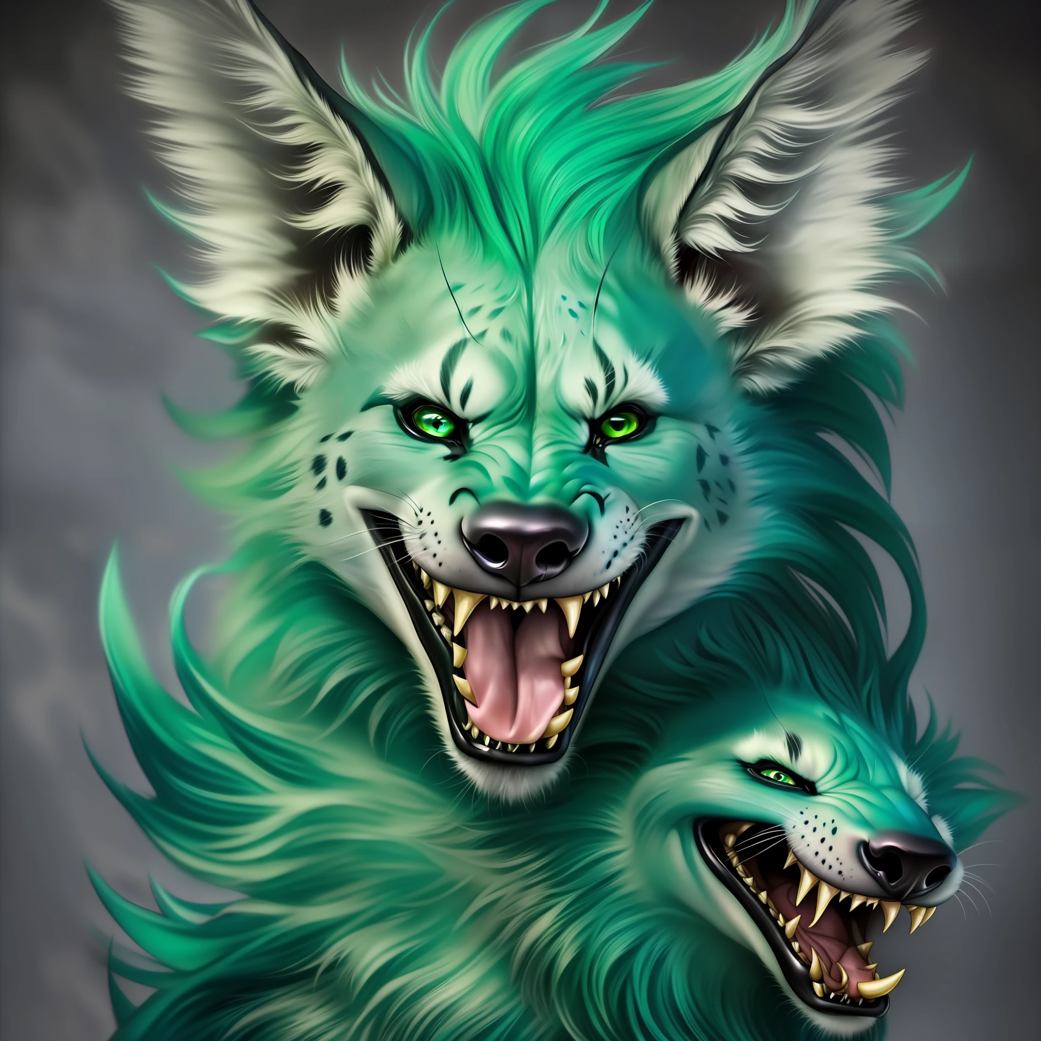 (шедевр, лучшее качество), spotted hyena, protruding tongue, head, portrait of animal, blue-green Mohawk, psycho smile, evil look, 8 fangs, fluffy ears, drawing, tattoo,