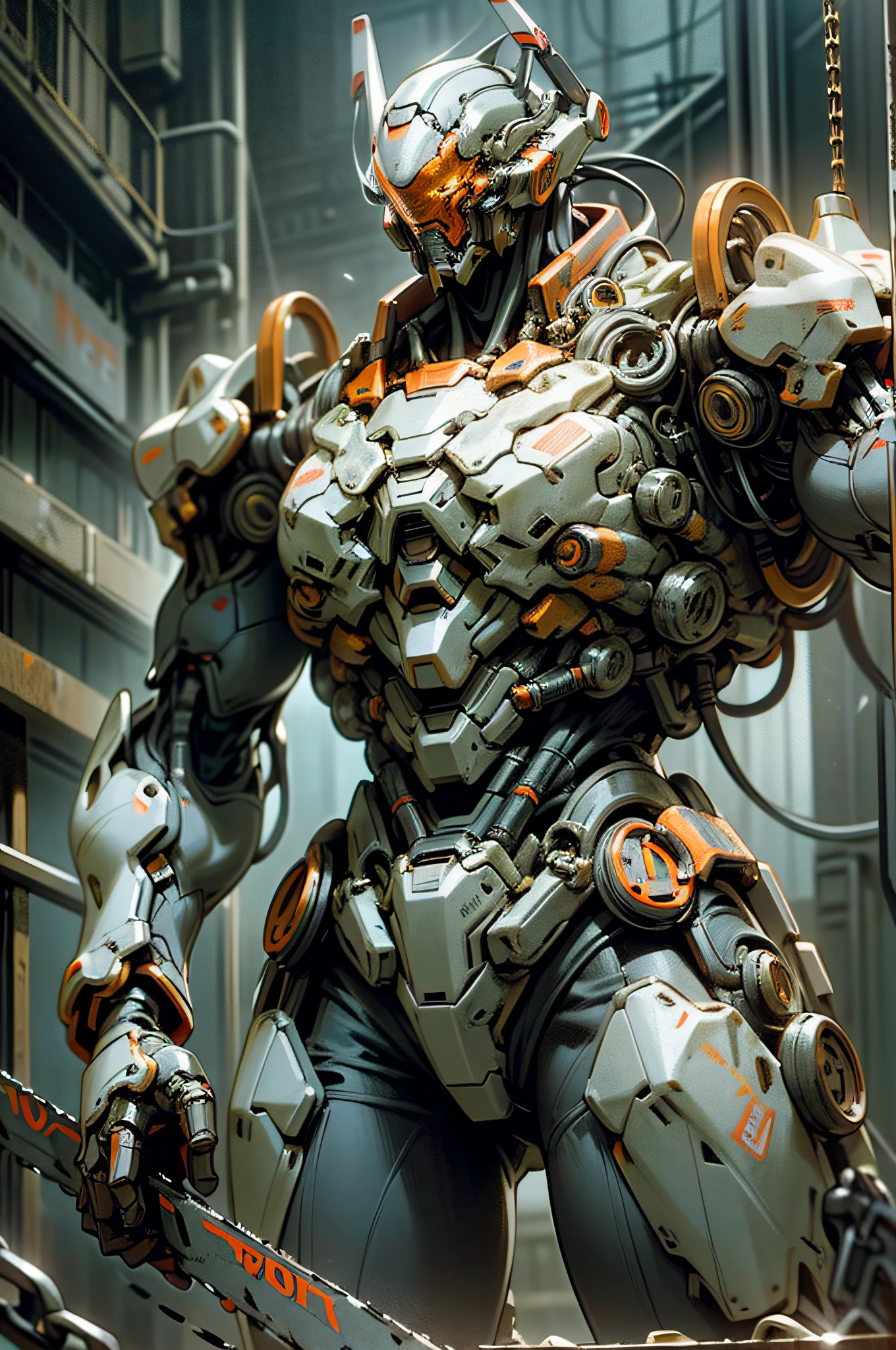 Dark_Fantasy,Cyberpunk,(chain saw,chain saw man,Red:1.1),1man,Mechanical marvel,Robotic presence,Cybernetic guardian, wearing a worn-out mech suit, intricate, (steel metal [rusty]), elegant, clear focus, shot by greg rutkowski, soft lighting, vibrant colors, masterpiece, ((street)), cowboy shot, dynamic pose,