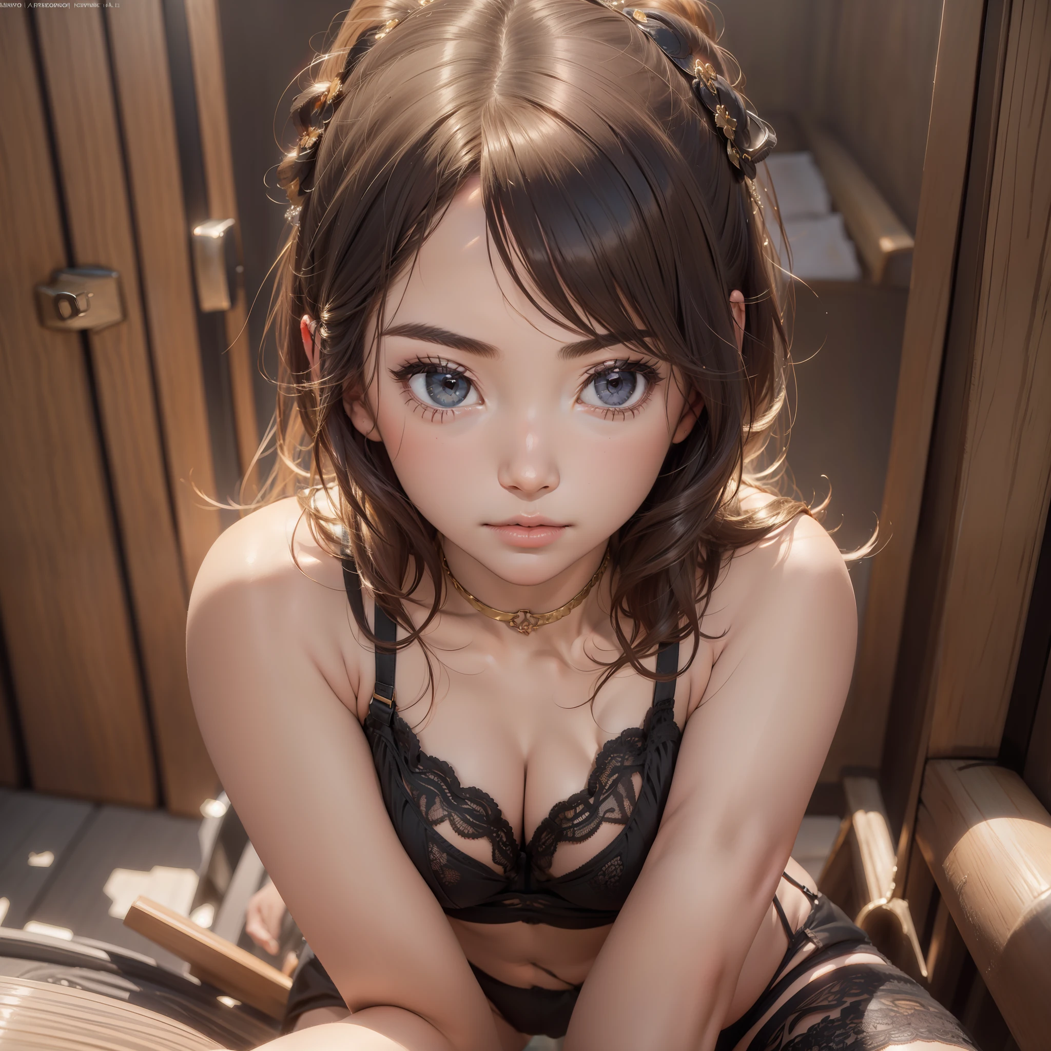 (1 girl),(masterpiece: 1.3), (beautiful: 1.2), (high quality: 1.2), (finely detailed: 1.2), (beautiful eyes: 1.5), portrait, realistic, 3D face, (bright eyes: 1.1), bright hair, shiny skin, alone, embarrassed, abdomen, brown hair, black eyes, (lingerie: 1.3), full body, excellent anatomy, cute pose, cute hands, ((cameltoe: 1.4))