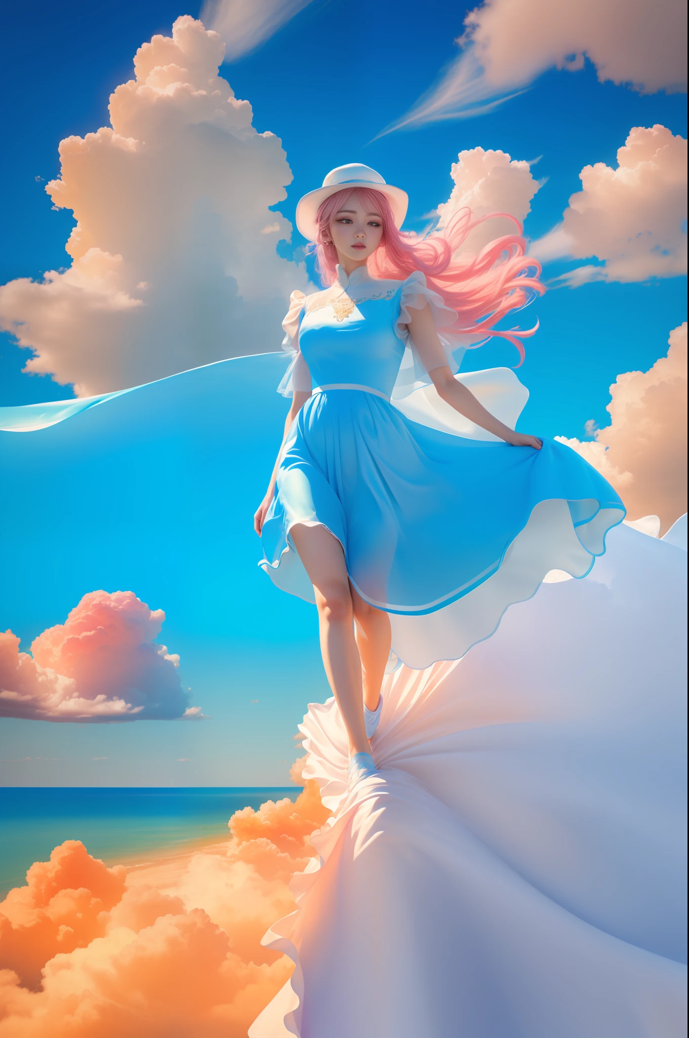 (8k, RAW photo, photorealistic:1.25) ,( lip gloss, eyelashes, glossy side, shiny skin, best quality, ultra high resolution, depth of field, chromatic aberration, caustic, wide light, natural shadow, headwear, kpop idol) ,light pink and blue style, 1girl, (blue sky: 1.5), tall and thin beauty goddess, flowing dress, conservative girl, cloud goddess, flowing white fabric, wearing a flowing dress, realistic, (background with blue sky and white clouds: 1.4), (wind: 1.5), (full body: 1.5), add_detail,