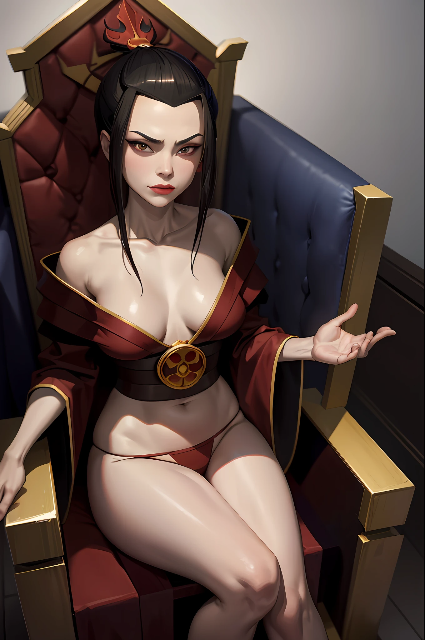 masterpiece, best quality, 1girl, azula, closed mouth, smirk, makeup, décolleté, belly, navel, (open kimono, thong), wide hips, sits on the throne, red throne, legs apart, lipstick, looks at the viewer, fire, simple background, erotica