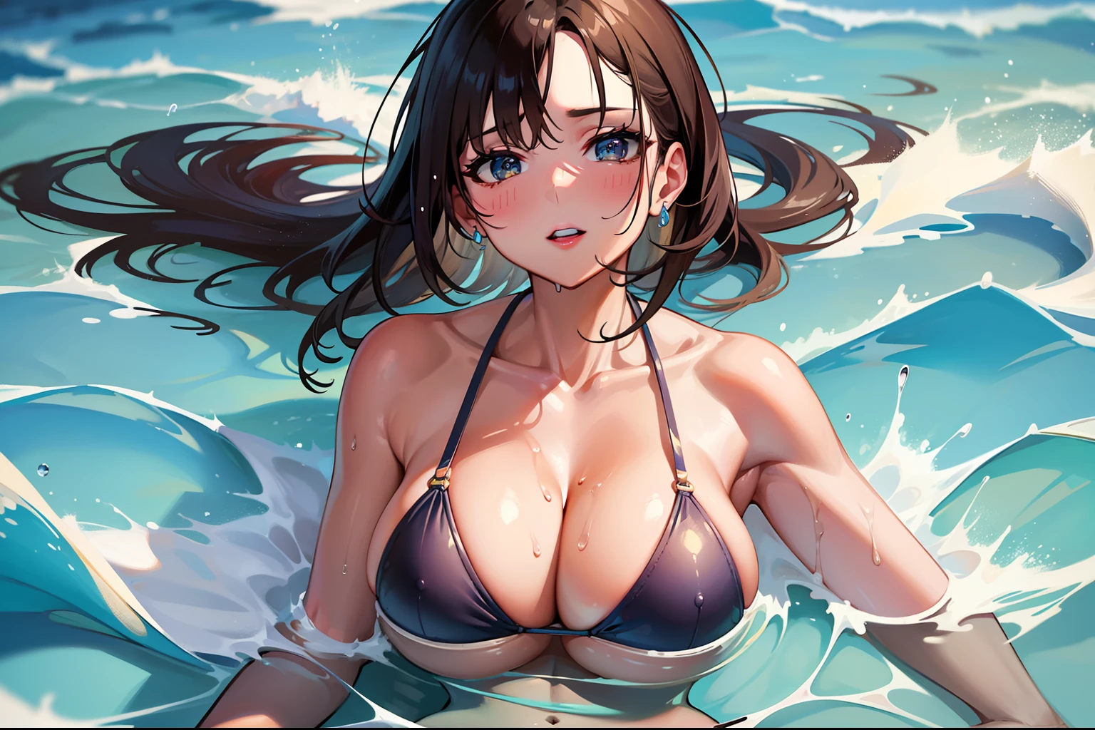 Masterpiece , 8k , Adult Woman 1 , Glamorous Body , Very Wet Body , Big Tits , Erect Tits , Short Straight Brown Hair , Blue Metallic Bikini , Crotch Groove , Summer Beach , At Sea , Kneeing ,Overall View , Splash effect ,
