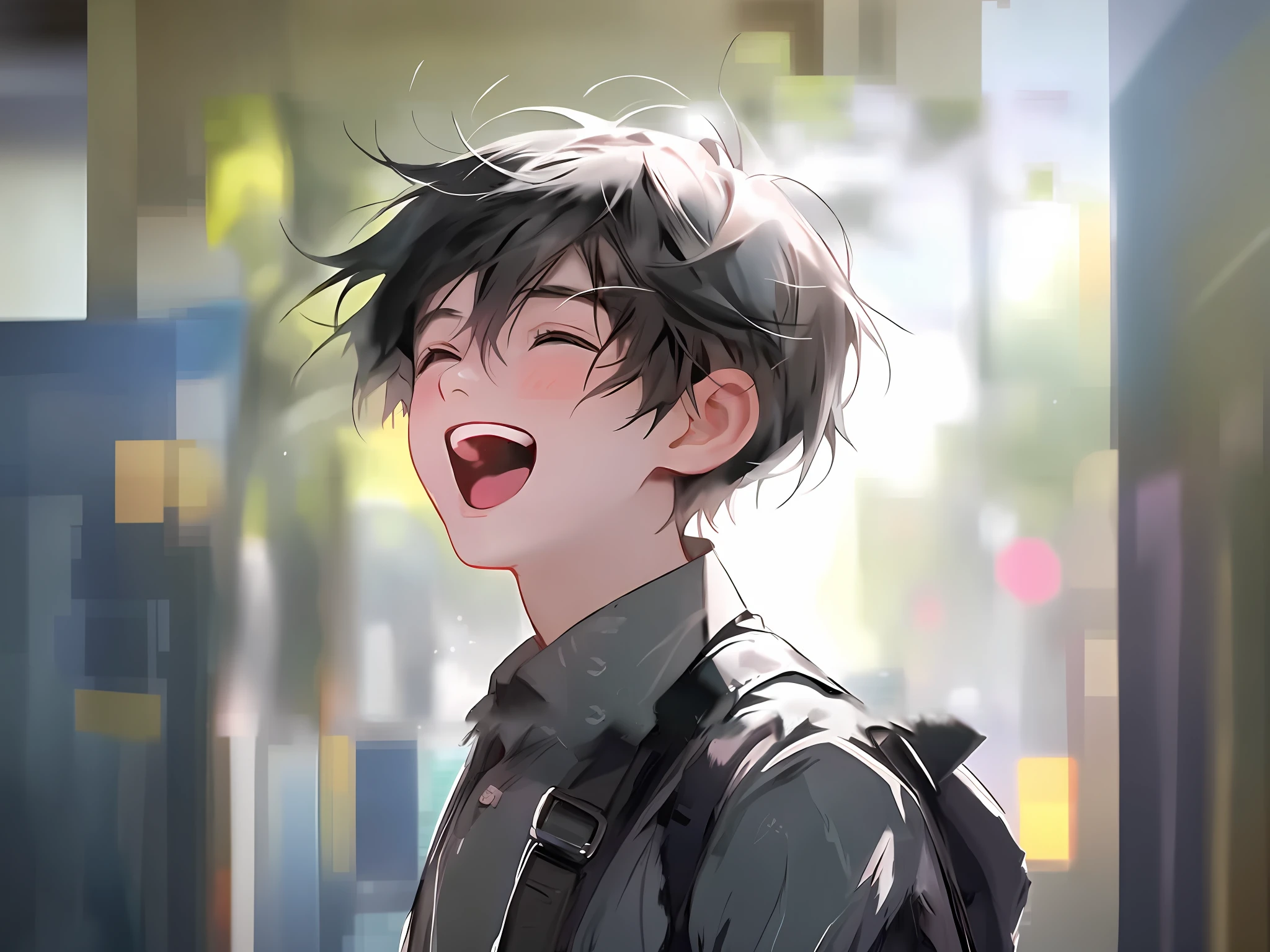 anime boy with black hair and a backpack laughing, guweiz, [[[[grinning evily]]]], anime boy, artwork in the style of guweiz, grinning lasciviously, he is smiling, insane smile, smiling sweetly, smileing nright, he is very happy, boy has short black hair, grin