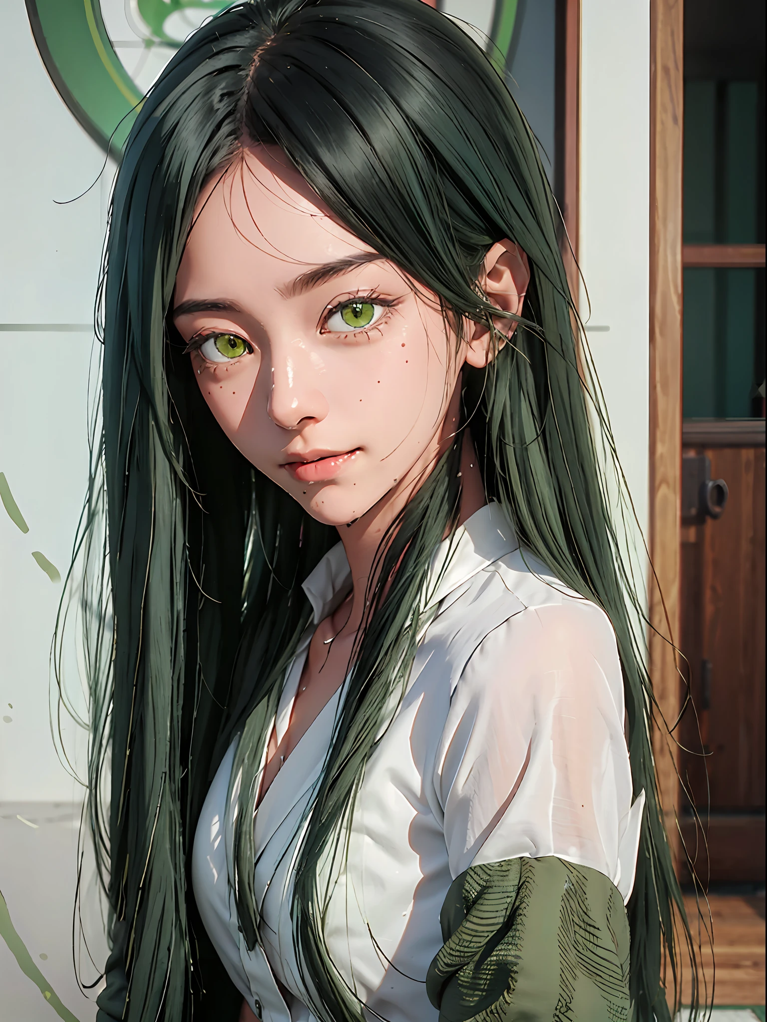frillshiranui\(oshinoko\), darkgreen hair, green eyes, long hair, expressionless, mole under mouth, smile, miniskirt, white shirt, realistic, 3d, wet, checkered floor