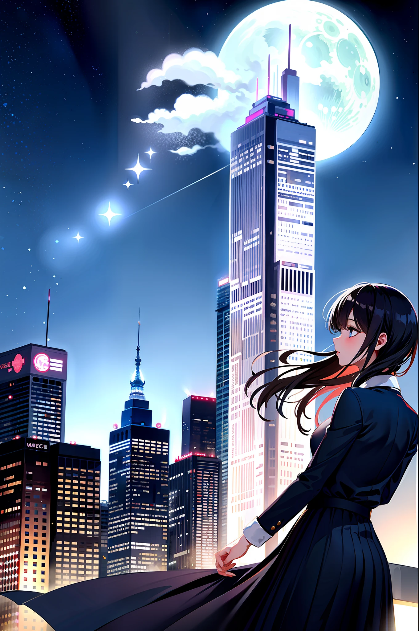 flower, building, skyscraper, white flower, city, shooting star, scenery, cityscape, moon, sky, star (sky), 1girl, no humans, skyline, outdoors, starry sky, solo, crescent moon, cloud, gradient