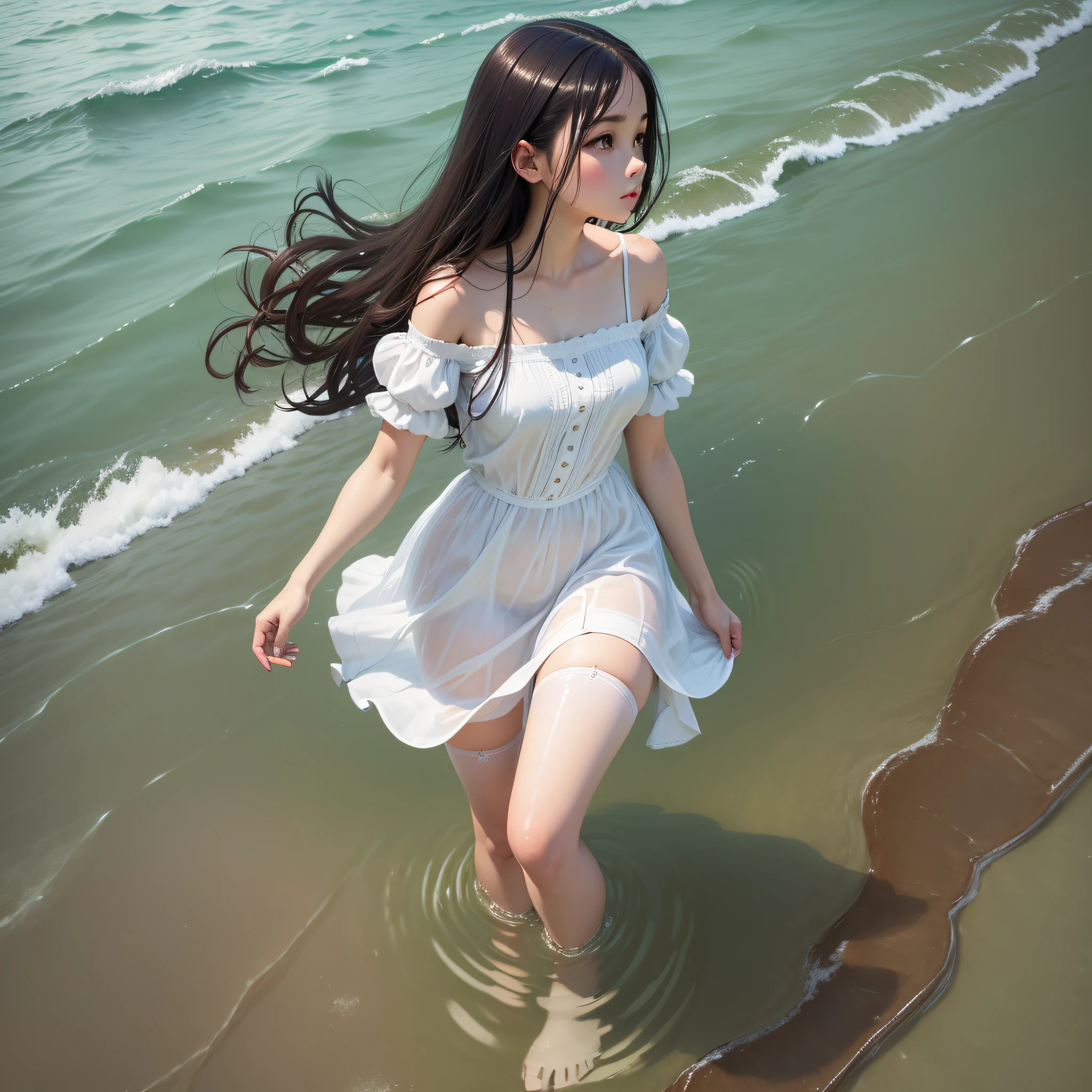 Girl in white stockings, strolling in shallow water --auto --s2