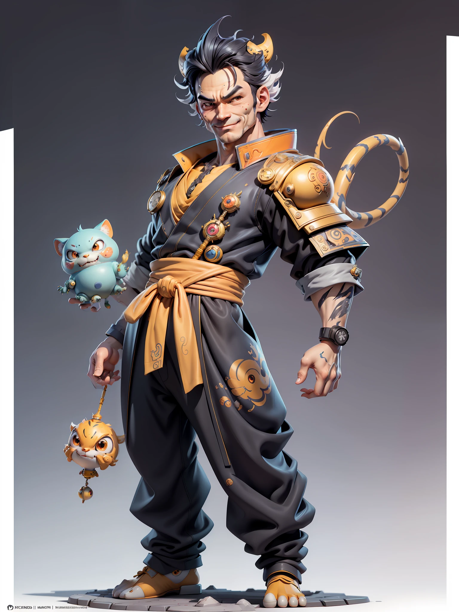 (Masterpiece), (Excellent), (Super Meticulous), (Full Body: 1.2), Super Young Man with Japanese Female Geisha, Beauty, Chinese Dragon, Tiger, Wind God Thor, Sexy, Bursting, Oriental Face, TV Anchor, Bust Portrait Illustration, Black Suit, Blue Tie, Slightly Chubby, Very Clean Face, No Beard, Black Super Short Hair, Black Eyes, Confident Smile, 3c Computer Sub-Products, iPad, iPhone, Digital Painting, 3D Character Design by Mark Claireden and Pixar and Hayao Miyazaki and Akira Toriyama, The illustration is a high-definition illustration in 4K resolution with very detailed facial features and cartoon-style visuals.