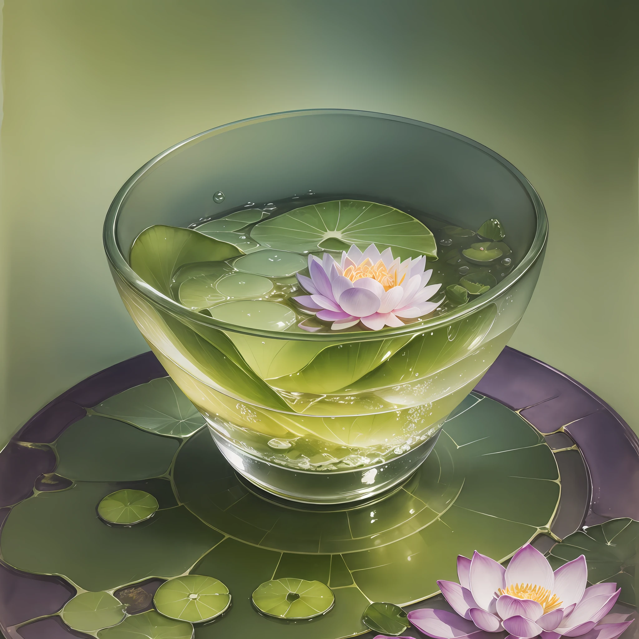 Watercolor drawing, realistic fantasy, Extensive landscape ultrasound photography (general view showing glass glass, roots braiding the glass, lotus, dew, air bubbles), blurred background, gloomy, yellow, green, purple background, pink, warm, magic --auto --s2