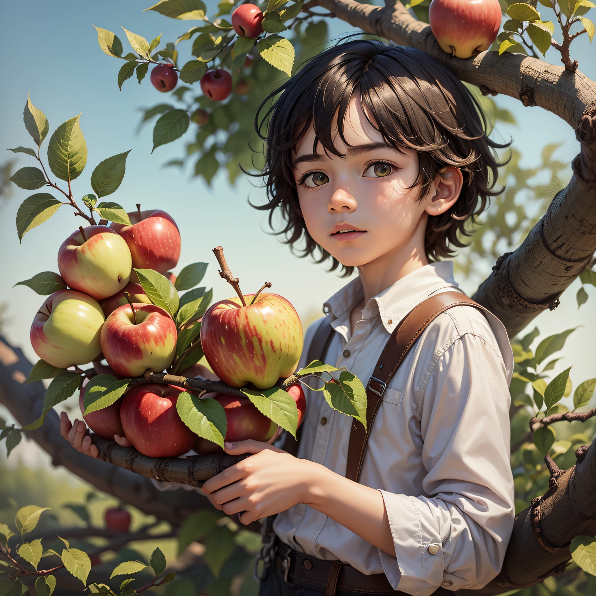 a boy near a large apple tree with several apples on the branches --auto --s2