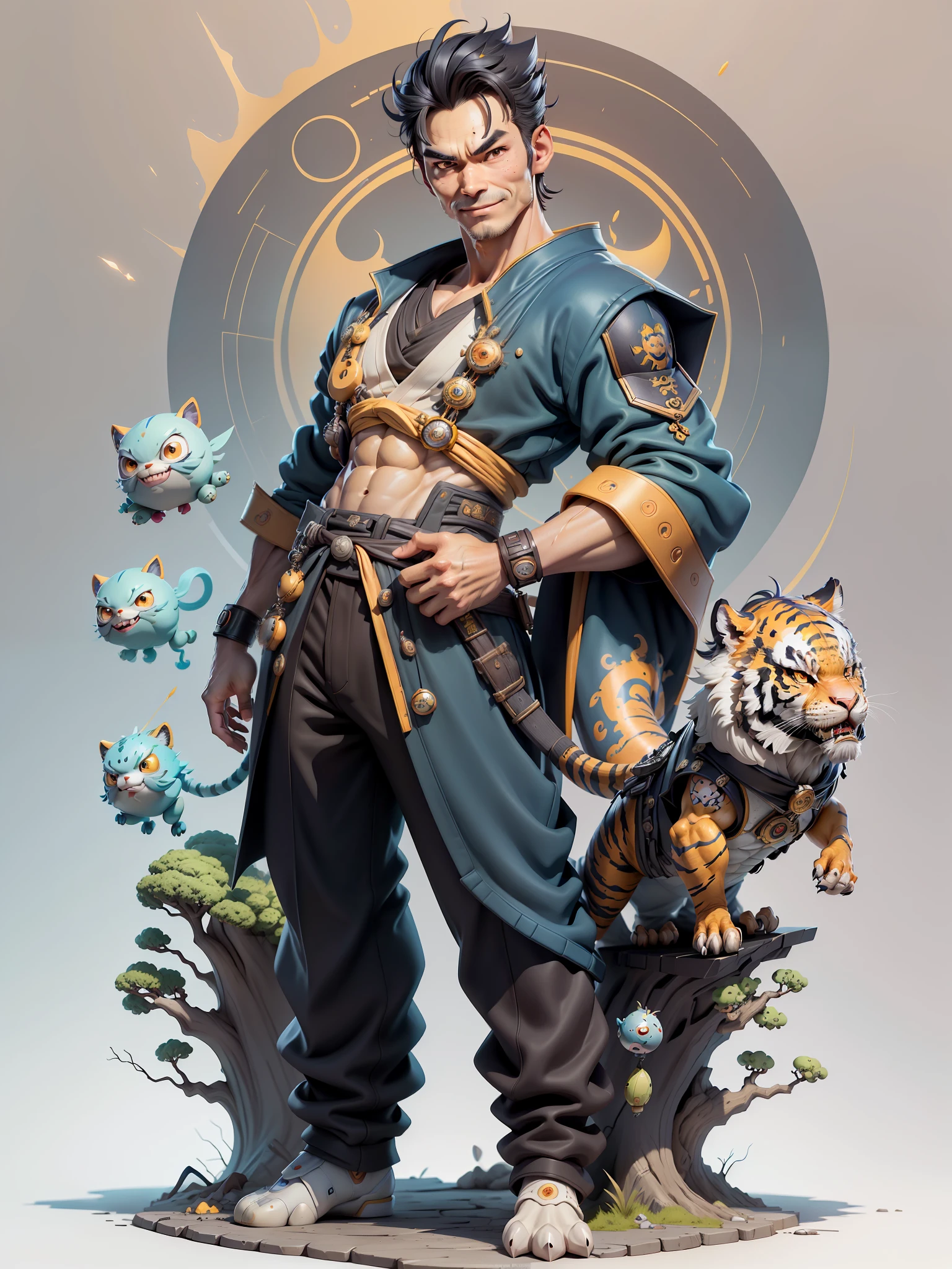 (Masterpiece), (Excellent), (Super Meticulous), (Full Body: 1.2), Super Young Man with Japanese Female Geisha, Beauty, Chinese Dragon, Tiger, Wind God Thor, Sexy, Bursting, Oriental Face, TV Anchor, Bust Portrait Illustration, Black Suit, Blue Tie, Slightly Chubby, Very Clean Face, No Beard, Black Super Short Hair, Black Eyes, Confident Smile, 3c Computer Sub-Products, iPad, iPhone, Digital Painting, 3D Character Design by Mark Claireden and Pixar and Hayao Miyazaki and Akira Toriyama, The illustration is a high-definition illustration in 4K resolution with very detailed facial features and cartoon-style visuals.