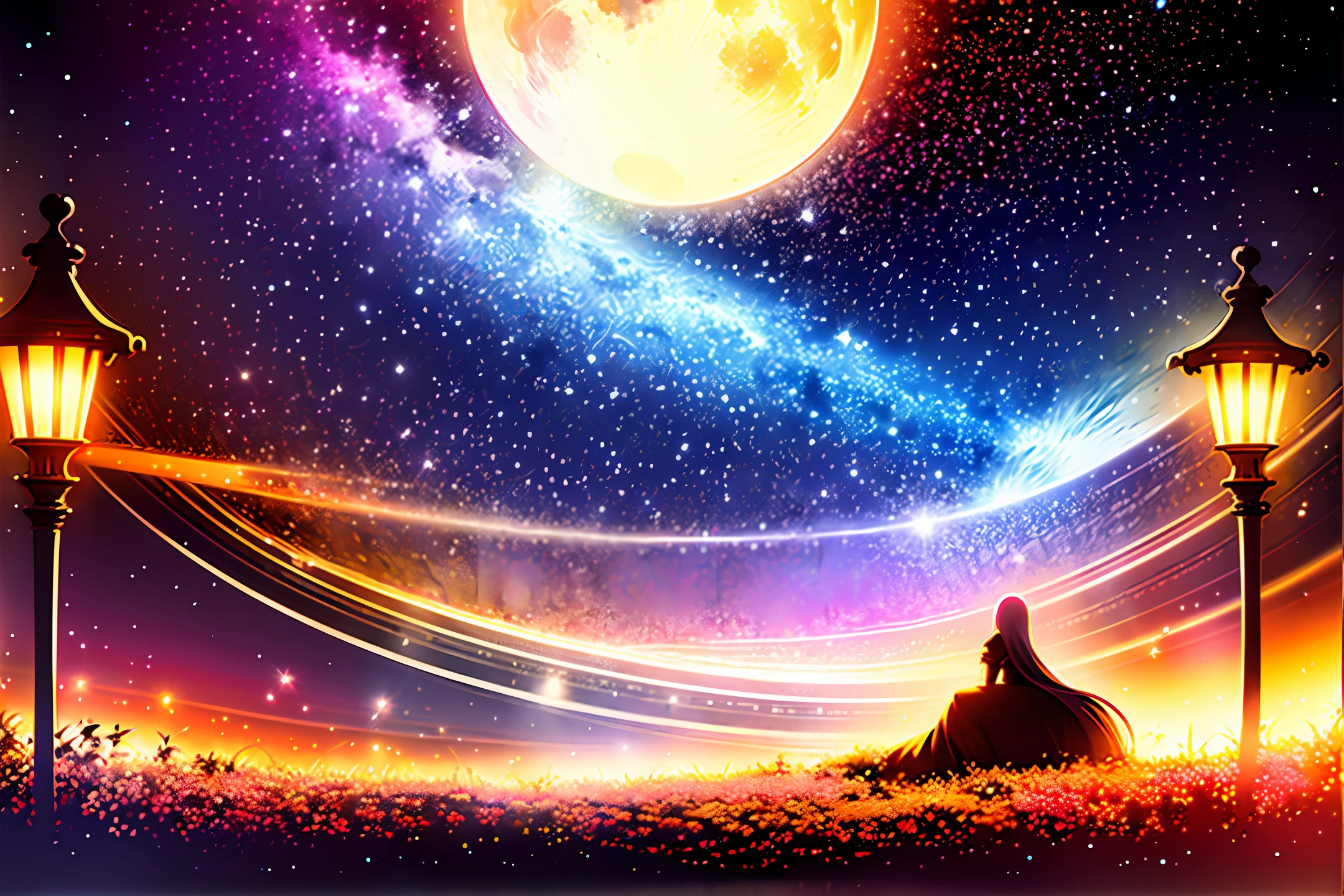 (expansive landscape artwork), (dramatic sky above, open field below), (a figure standing amidst a field of flowers, gazing upward), (luminous full moon:1.2), (captivating shooting stars:0.9), (mystical nebula:1.3), distant mountains, towering tree BREAK
(production art), (warm and inviting light source:1.2), (magical Firefly:1.2), enchanting lamp, abundant purple and orange hues, intricate and elaborate details, ethereal volumetric lighting BREAK
(exquisite masterpiece:1.2), (unparalleled quality), 4K resolution, ultra-detailed rendering, (dynamic and engaging composition:1.4), richly detailed elements, vibrant and lively colors, (iridescent colors:1.2), (softly glowing and atmospheric lighting), dreamlike and enchanting atmosphere, (solitary atmosphere, (solitary figure:1.2)