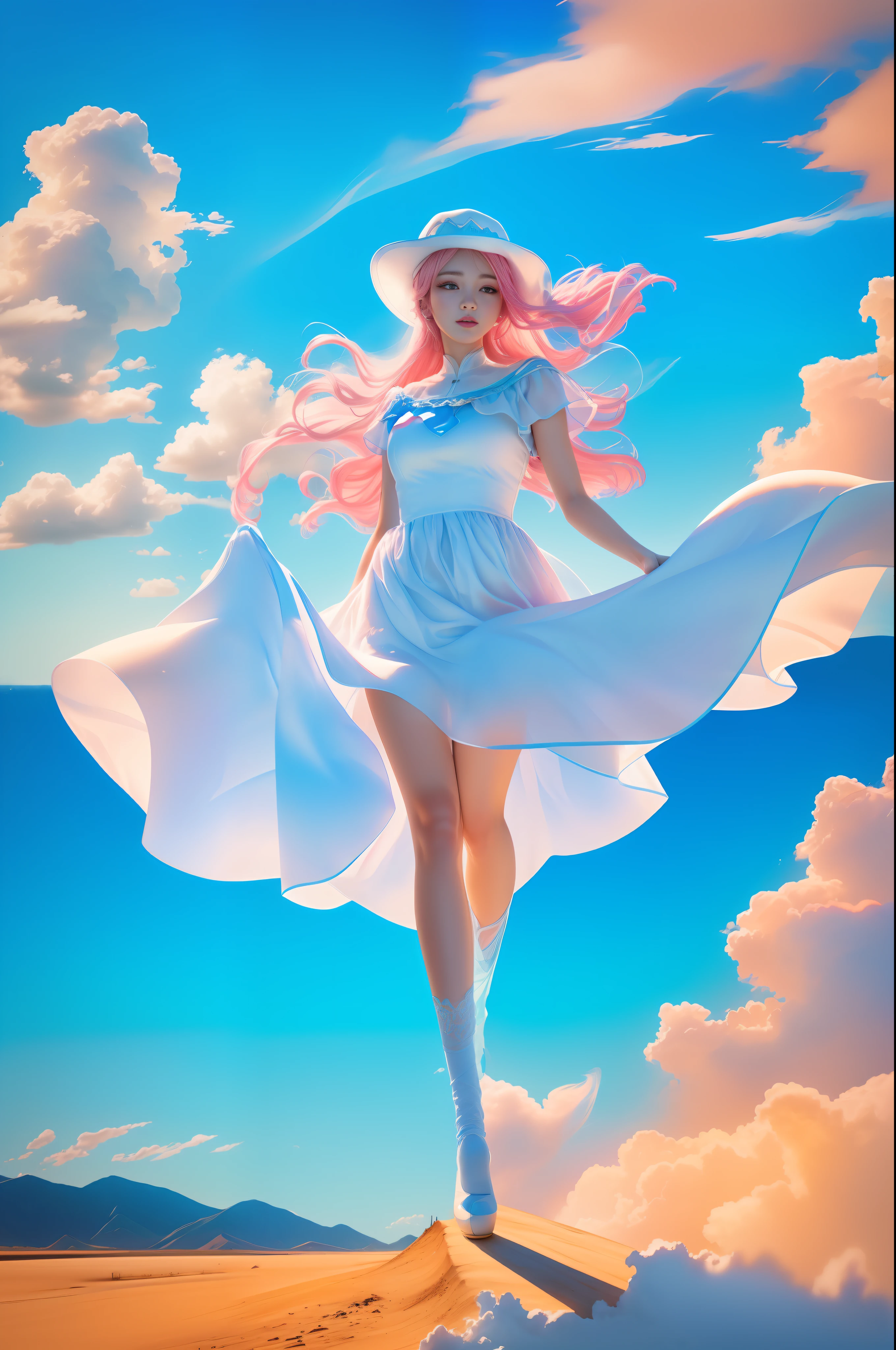 (8k, RAW photo, photorealistic:1.25) ,( lip gloss, eyelashes, glossy side, shiny skin, best quality, ultra high resolution, depth of field, chromatic aberration, caustic, wide light, natural shadow, headwear, kpop idol) ,light pink and blue style, 1girl, (blue sky: 1.5), tall and thin beauty goddess, flowing dress, conservative girl, cloud goddess, flowing white fabric, wearing a flowing dress, realistic, (background with blue sky and white clouds: 1.4), (wind: 1.5), (full body: 1.5), add_detail,