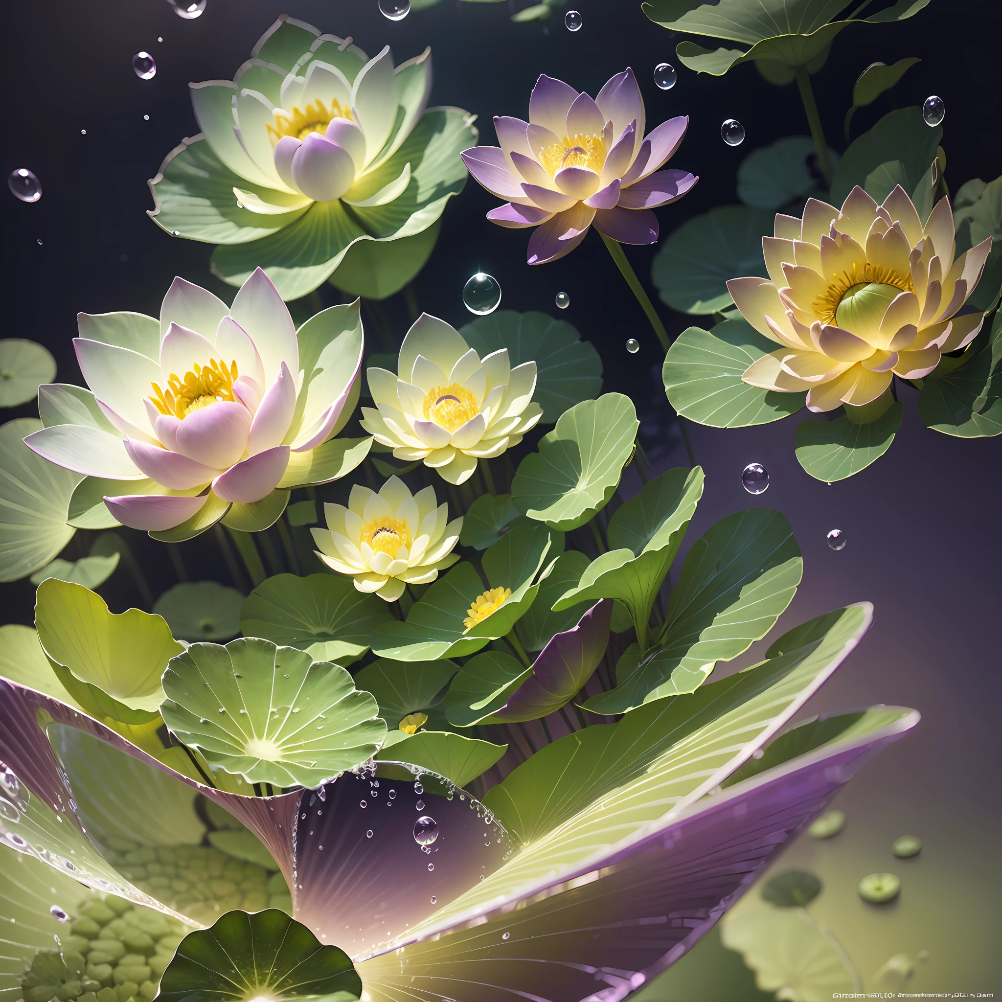 Computer Visualized Graphics, Realistic Fantasy, Extensive Landscape Ultrasound Photography (general view showing glass glass, lotus, dew, air bubbles), blurred background, gloomy, yellow, green, purple background, pink, warm, magic --auto --s2