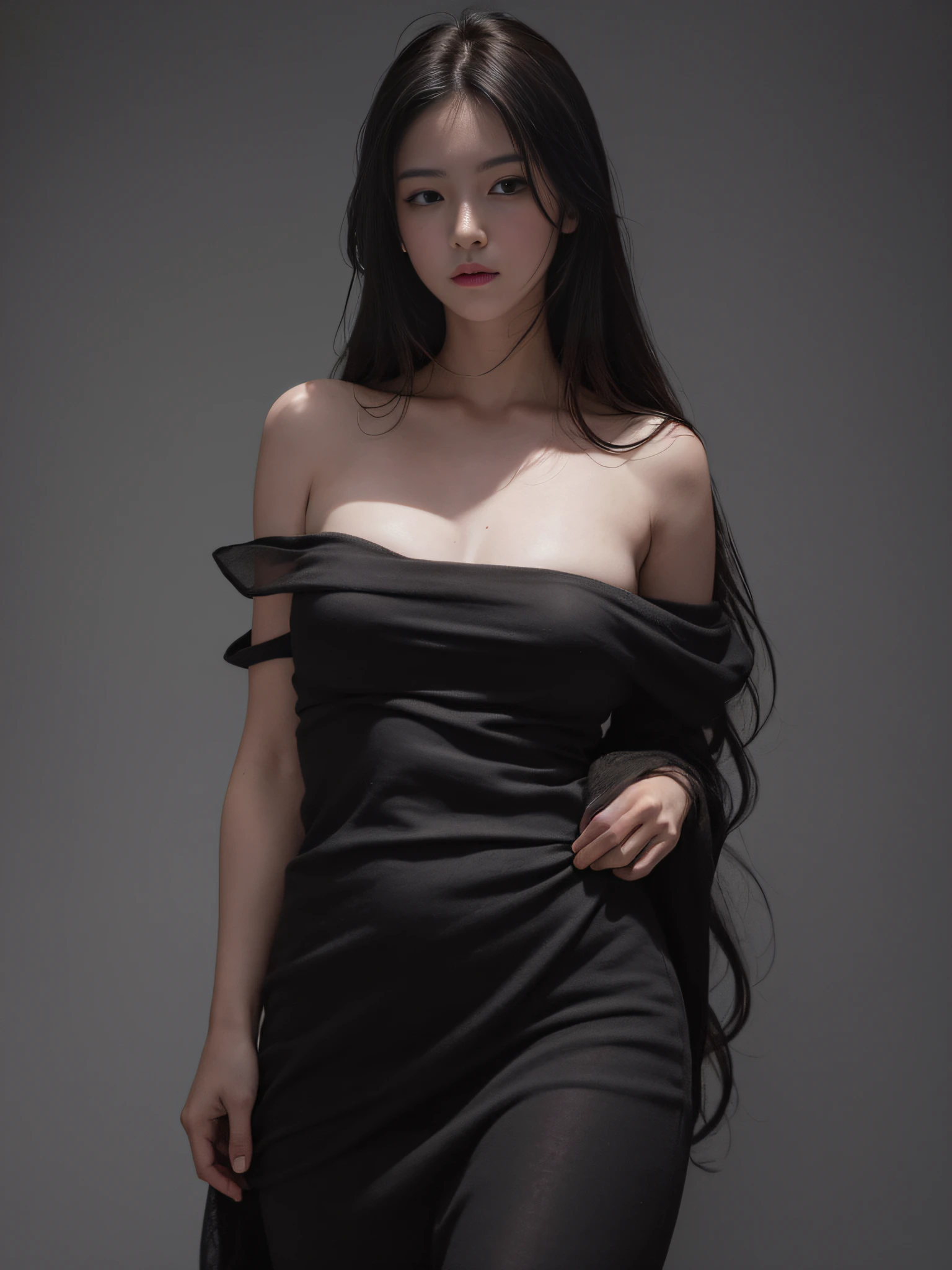 Best Quality, Masterpiece, Ultra High Resolution, (Realistic:1.5), Original photo, 1 girl, shoulders, In the dark, Deep shadow, Understated, Cold light, Sexy look, Long hair