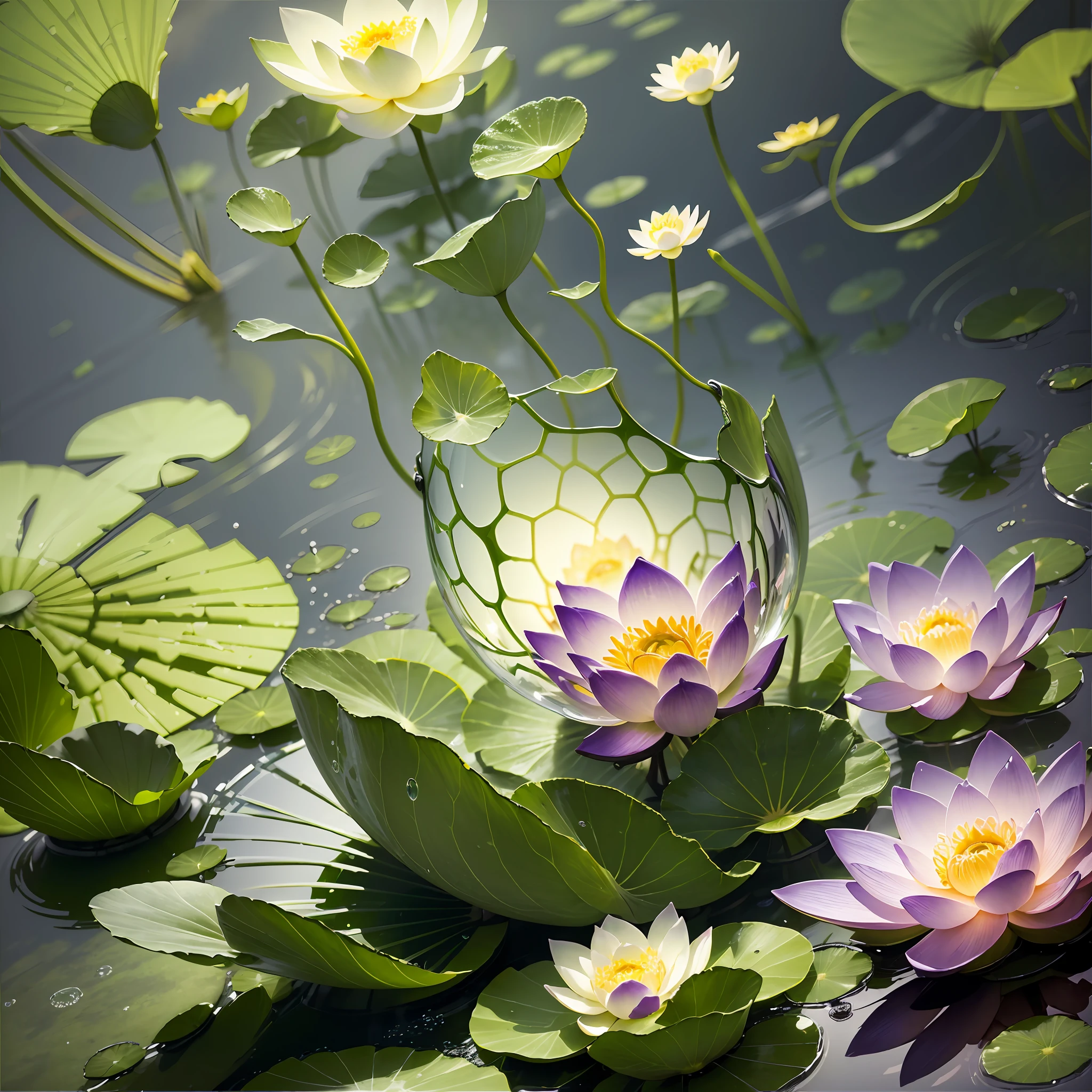 Computer Visualized Graphics, Realistic Fantasy, Extensive Landscape Ultrasound Photography (general view showing glass glass, lotus, dew, air bubbles), blurred background, gloomy, yellow, green, purple background, pink, warm, magic --auto --s2