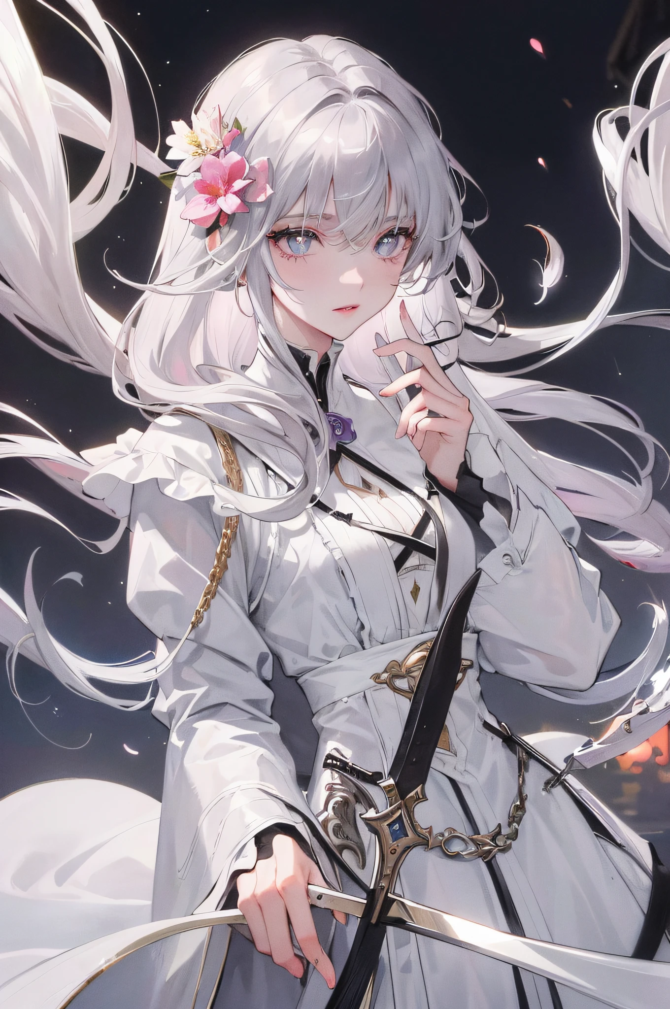 Masterpiece, Best Quality, Night, Full Moon, 1 Girl, Mature Female, Sister, Silver White Long haired Female, Light Pink Lips, Calm, Intellectual, Three Bands, Gray Pupils, Assassin, Short Knife, Flower