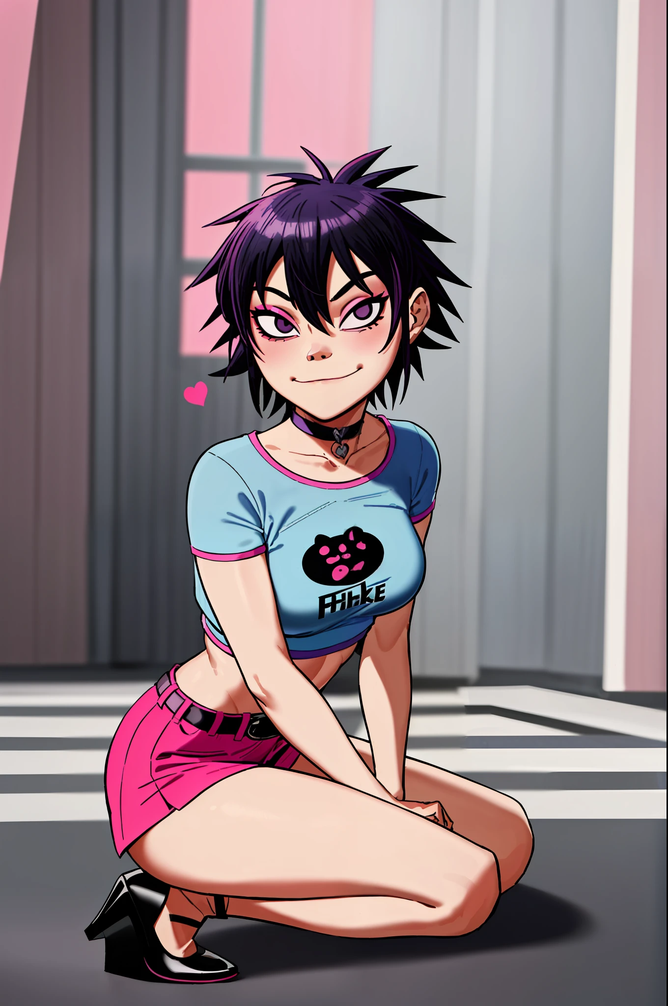 noodle (gorillaz), masterpiece, best quality, hair between eyes, purple hair, choker, belt, blush, looking at viewer, bangs,  fishnets, pink crop top, skirt, high heels, solo, blue hair, makeup, short hair, portrait, black eyes, small breasts, blush, sexual expression, seductive smile, hair covering eyes, looking back, фон музыкальной студии, pink crop top, white skirt, high heels, 5 fingers, hands on breast, sitting on knees, tease, choker, hearts