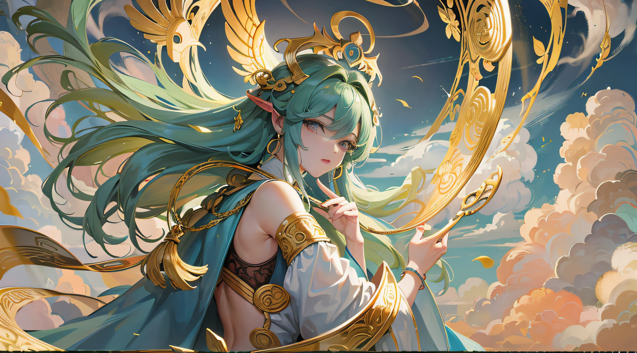 A surreal, otherworldly, overall wallpaper in paradise scene, 4k, best picture quality, masterpiece level, super high resolution, mythological theme, golden hoop rod erected in the center of the picture, Qi Tian Daisheng confronts heavenly immortals, heavenly soldiers and heavenly generals, detailed clouds and mist, emitting divine light, delicate face, delicate facial features, whole body --auto --s2