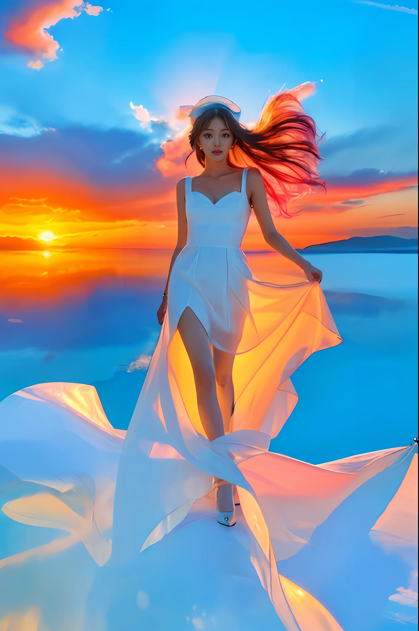 (8k, RAW photo, photorealistic:1.25), ( lip gloss, eyelashes, glossy side, shiny skin, best quality, ultra high resolution, depth of field, chromatic aberration, caustics, wide light, natural shadows, headwear, Kpop idol), (dreamy and romantic compositions: 1.5), light pink style, 1girl, (sky witch: 1.5), tall and thin beauty goddess, flowing dress, conservative girl, cloud goddess, flowing white fabric, wearing flowing dress, realistic, blue sky on background, (wind: 1.5), (full body: 1.5), add_detail,