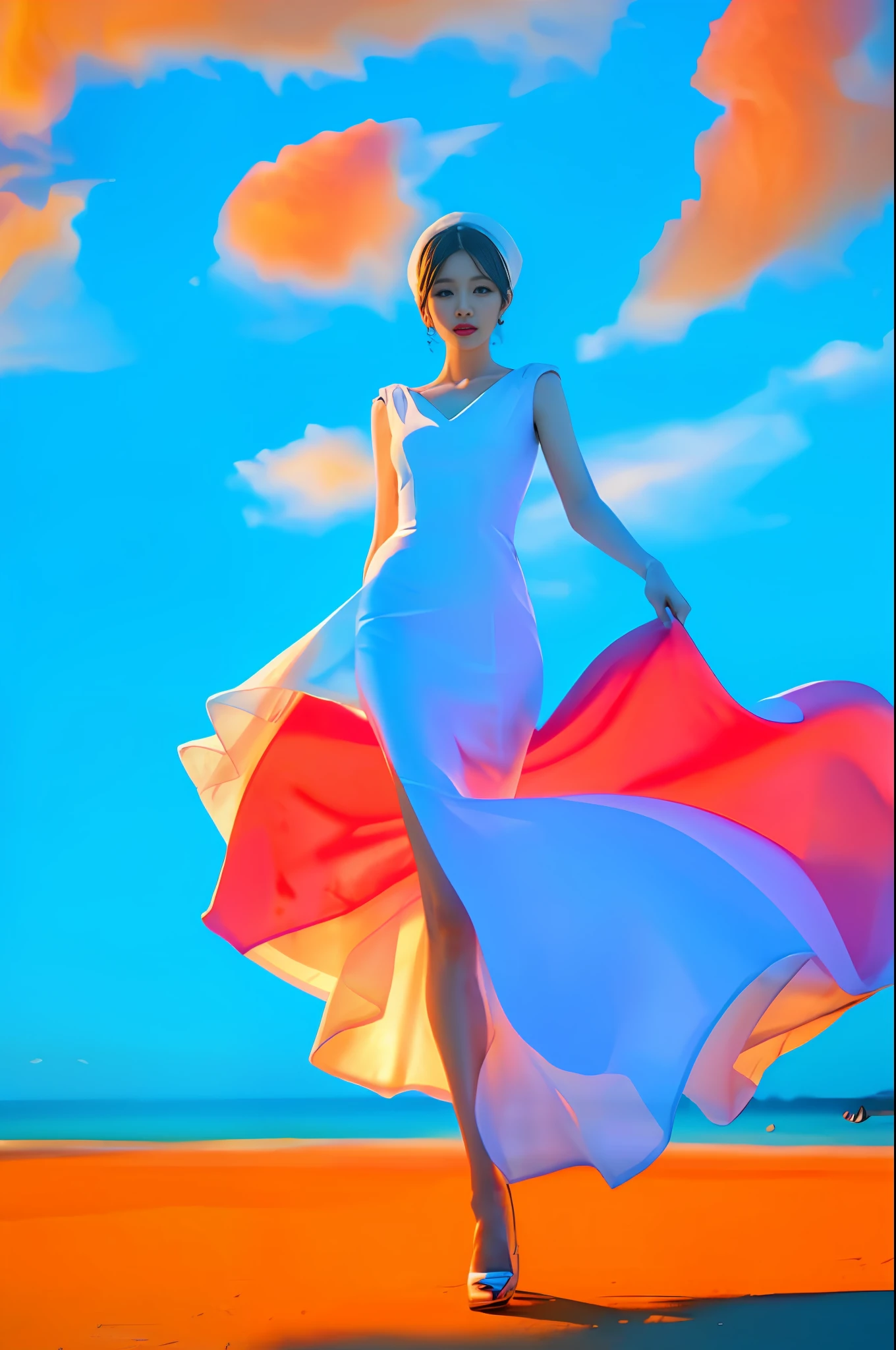 (8k, RAW photo, photorealistic:1.25), ( lip gloss, eyelashes, glossy side, shiny skin, best quality, ultra high resolution, depth of field, chromatic aberration, caustics, wide light, natural shadows, headwear, Kpop idol), (dreamy and romantic compositions: 1.5), light pink style, 1girl, (sky witch: 1.5), tall and thin beauty goddess, flowing dress, conservative girl, cloud goddess, flowing white fabric, wearing flowing dress, realistic, blue sky on background, (wind: 1.5), (full body: 1.5), add_detail,