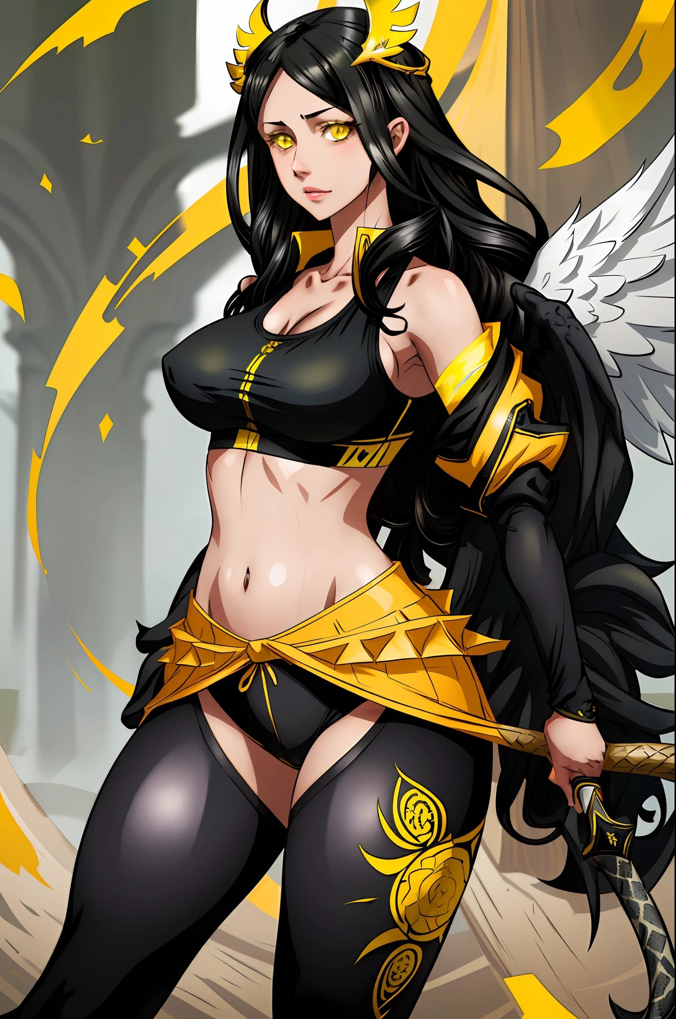 1girl, highres, sharp focus, pixiv masterpiece, ((intricate details)), highly detailed, black hair, fair skin, yellow eyes, snake eyes, long hair, black angel wings, Albedo, Albedo from overlord,costume: sportswear, leggings, sports bra,