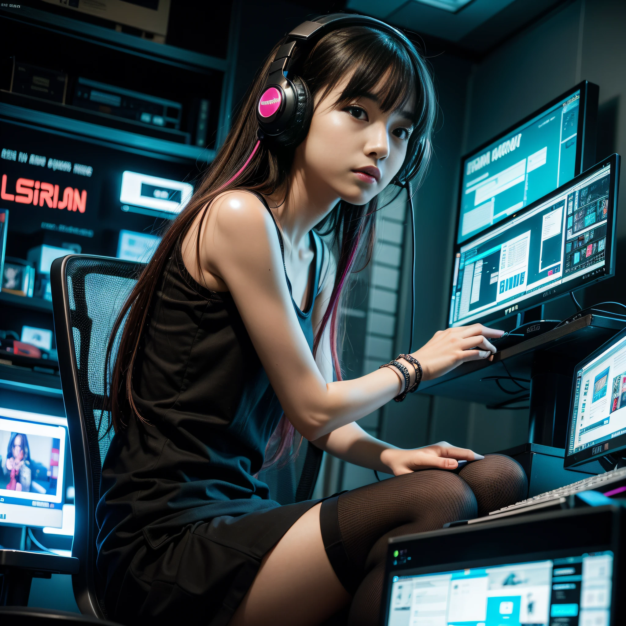((Masterpiece)), (((Best Quality)))), ((Illustration)), (Depth of Field: 1.2),Solo,Dynamic Angle,1 Girl,Hacker Beautiful  Japan Girl, Indoors, Room, Dim Room, Sci-Fi, Neon, Neon Lights, Cyberpunk, Computer Room, Gaming Headphones, Computer Equipment, Ethical Hacker, Server Room Background, Display lights, monitors, (LED monitors, surrounded by multiple display monitors: 1.5), gaming chair, multicolored hair, striped hair, tank tops, mini skirts, energy drinks, cables, messy room, front, from below