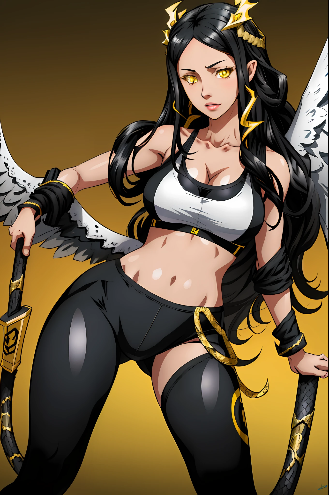 1girl, highres, sharp focus, pixiv masterpiece, ((intricate details)), highly detailed, black hair, fair skin, yellow eyes, snake eyes, long hair, black angel wings, Albedo, Albedo from overlord,costume: sportswear, leggings, sports bra,