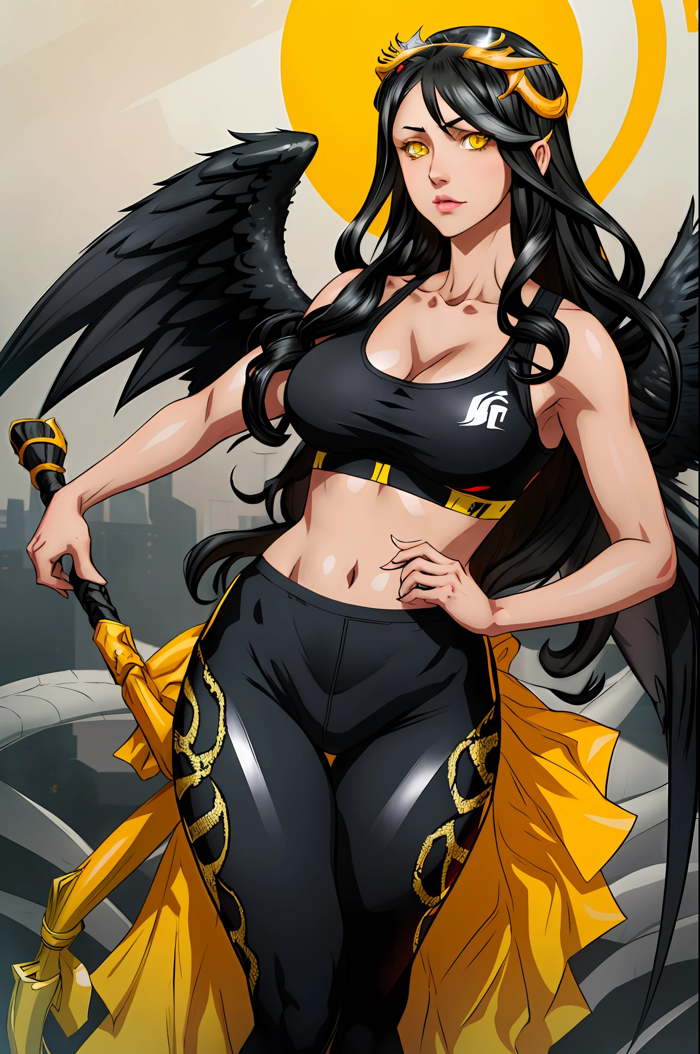 1girl, highres, sharp focus, pixiv masterpiece, ((intricate details)), highly detailed, black hair, fair skin, yellow eyes, snake eyes, long hair, black angel wings, Albedo, Albedo from overlord,costume: sportswear, leggings, sports bra,