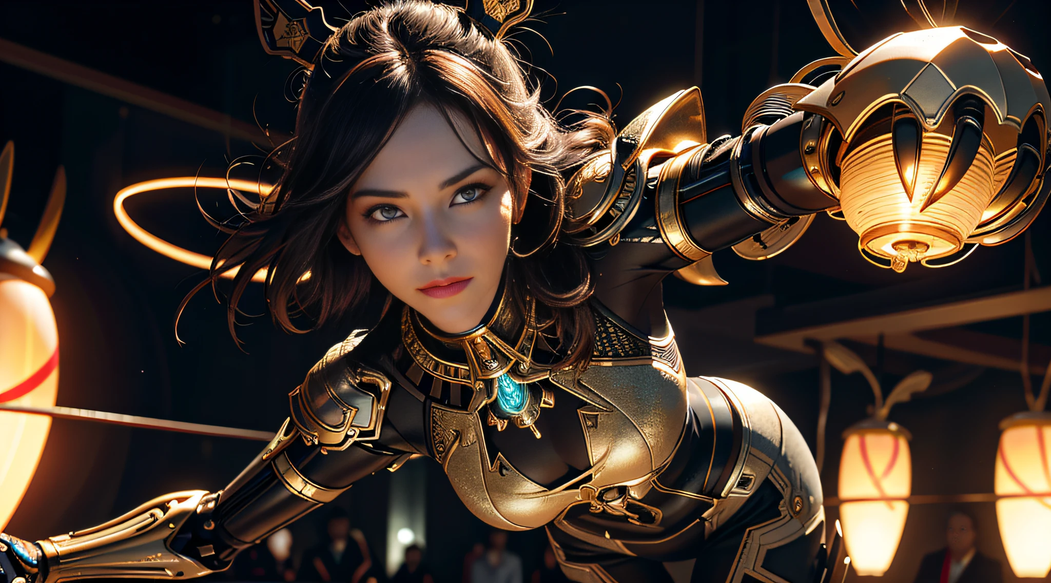 A mechanical girl, (dynamic pose: 1.2), ( Pose: 1.2), (Full body: 1.3), Attack, Guild War, (Mechanical Cloak 1.2), (Mechanical Tights 1.2), (Perfect Face), ((Super Realistic Detail)), Portrait, Global Illumination, Shadow, Octane Rendering, 8K, Super Sharp, Metallic, Complex, Decorative Detail, Cool Color, (Egyptian Detail: 1.5), Highly Intricate Detail, Realistic Light, CGsociety Trend, Glow Eyes, Facing the Camera, Neon Detail, Mechanical Limbs, Blood Vessels Attached to Tubes, Mechanical Vertebrae Attached to the Back, Mechanical Cervical Vertebrae Attached to the Neck, Wires and Cables Attached to the Head. realistic, elegant, goddess, surrealism, high detail, supremacy, cinematic lighting, ray tracing, shadow, uhd, retina, masterpiece, ccurate, anatomically correct, textured skin, super detail, high detail, high quality, high quality, award-winning, best quality, high resolution, 1080P, 16k, 8k, 4K, HD