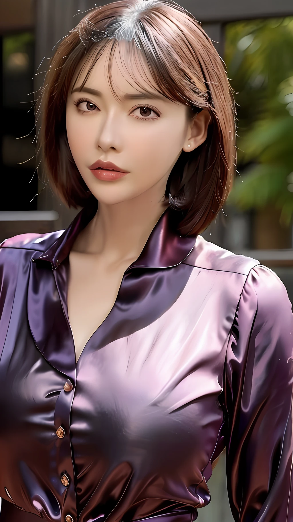 A close up of a woman in a purple shirt posing for a picture - SeaArt AI