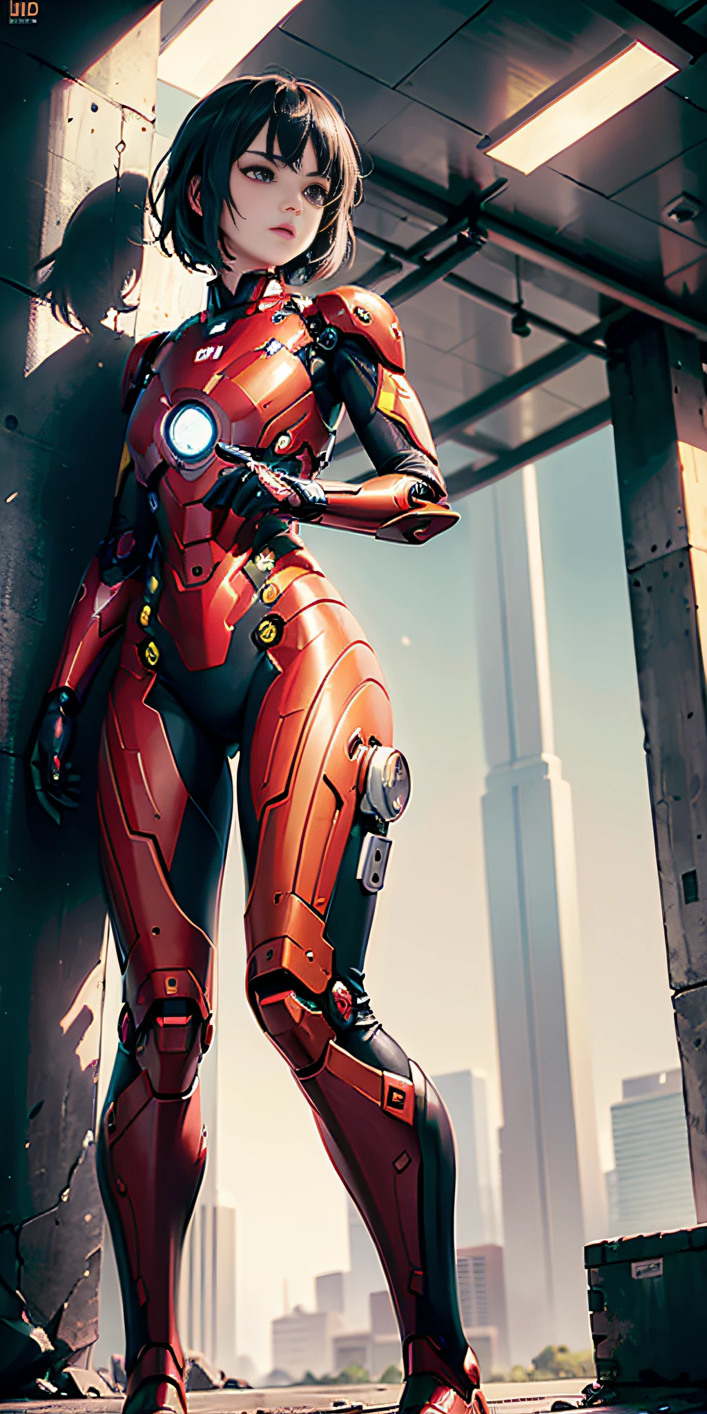 (1girl:1.3), solo,__body-parts__, official art, unity 8k wallpaper, ultra detailed, beautiful and aesthetic, beautiful, masterpiece, best quality, RAW, masterpiece, super fine photo,, best quality, super high Resolution, photorealistic, sunlight, full body portrait, stunningly beautiful,, dynamic pose, delicate face, vibrant eyes, (side view), she is wearing a futuristic Iron Man mech, red and gold, Highly detailed abandoned warehouse background, detailed face, detailed complex busy background, messy, gorgeous, milky, high detailed skin, realistic skin details, visible pores, sharp focus, volumetric fog, 8k uhd, dslr camera, High quality, film grain, fair skin, photorealism, lomography, sprawling metropolis in a futuristic dystopia, view from below, translucent