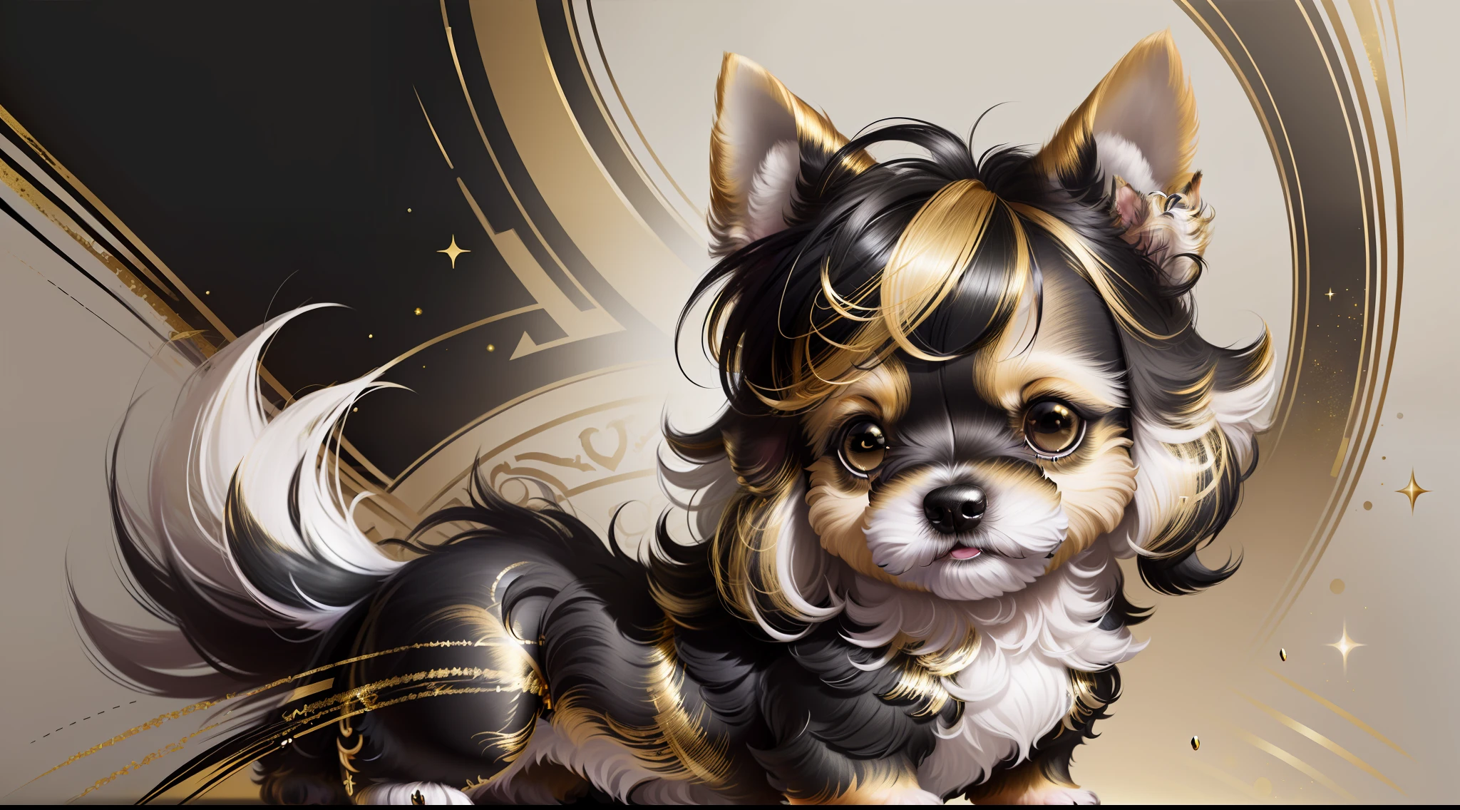 Realistic art of ((a Yorkshire Micro dog, (black and gold hair),full body)), official art,smiling, masterpiece, beautiful,
face painting,((On a White Background)).