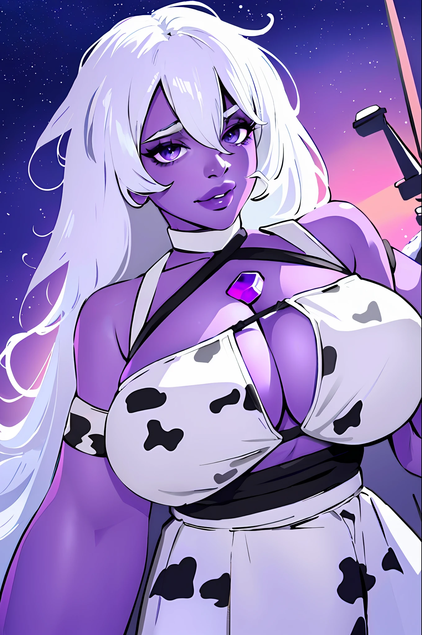 ((Cinematic light, Best quality, 8k, Masterpiece :1.3)), 1girl, Beautiful woman, (white hair, big breasts:1.3), rope panties, hopefully falling, seductive open lips, Amethyst, purple skin, (fat), long white hair, purple eyes, makeup, lips, yolk between collarbone, standing, close up, smiling, hands on hips, solo, tank, torn clothes,
 , outer space, Milky Way, stars,
(insanely detailed, beautiful detailed face, masterpiece, beautiful detailed eyes, best quality), sexual teasing, trying to be sexy, showing armpits, milk on boobs, a lot of milk on boobs, ((cow printed micro biki)),