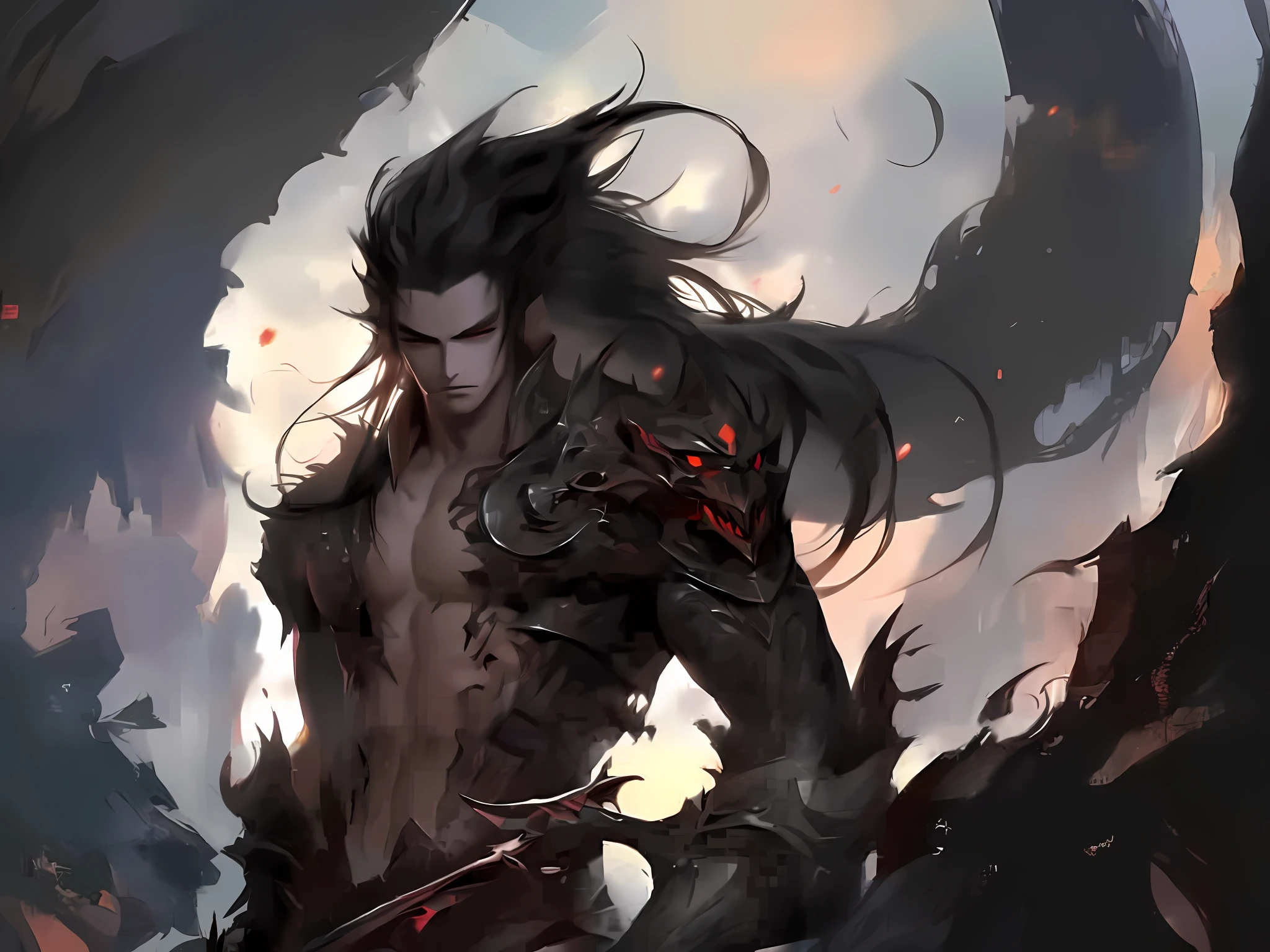 a close up of a man with a sword in his hand, by Yang J, by Yang Jin, handsome guy in demon slayer art, human male demon, beautiful male god of death, g liulian art style, demon male, by Zhou Chen, by Shen Zhou, by Li Song, epic fantasy art style, male vampire of clan banu haqim