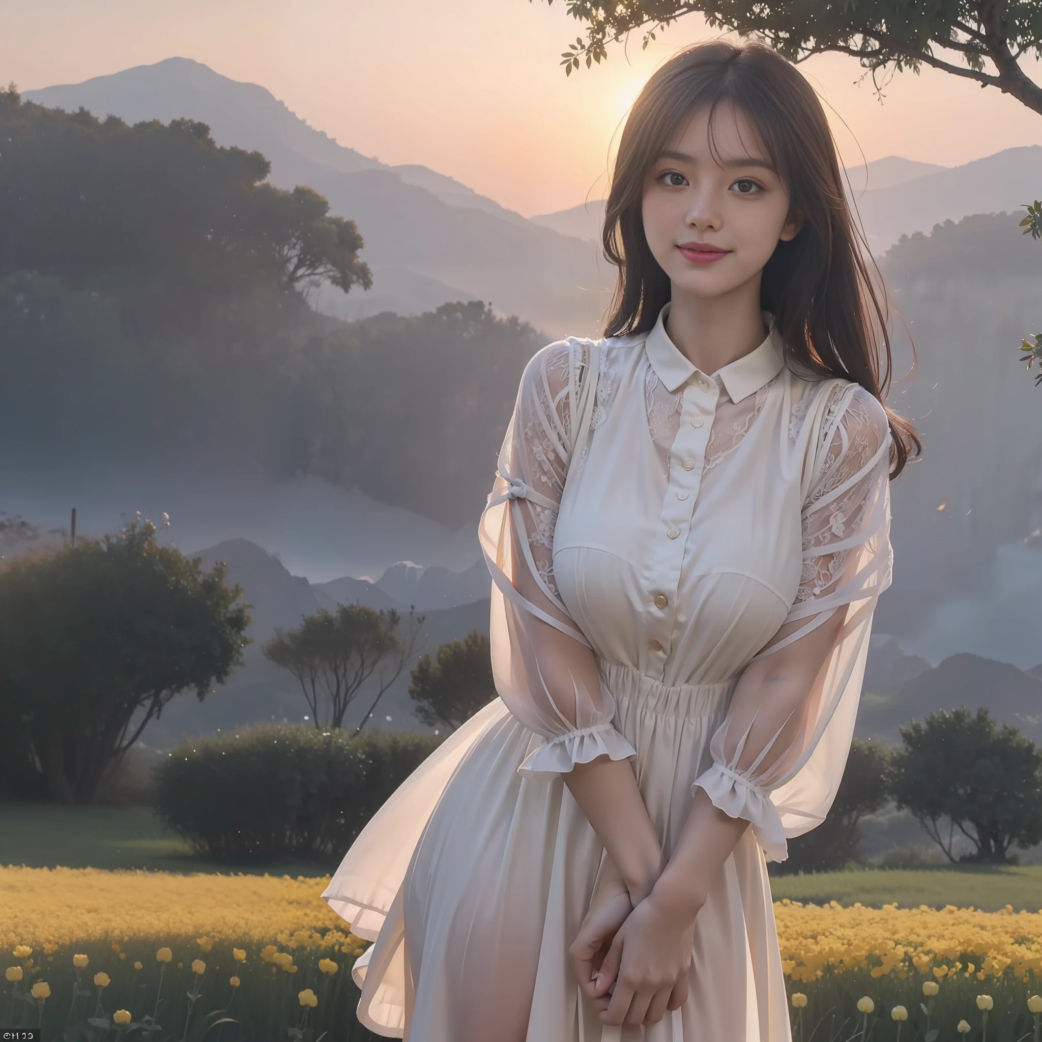 Vast landscape photo, a girl standing on a flower field looking up,, delicate background, distant mountains, trees BREAK making art, (warm light source: 1.2), intricate details, volumetric lighting BREAK (masterpiece: 1.2), (best quality), 4k, ultra-detailed, (dynamic composition: 1.4), rich detail, big breasts, (luminous, atmospheric lighting), (solo: 1.2), blush, especially many details, delicate hair, white, smile, sunset
