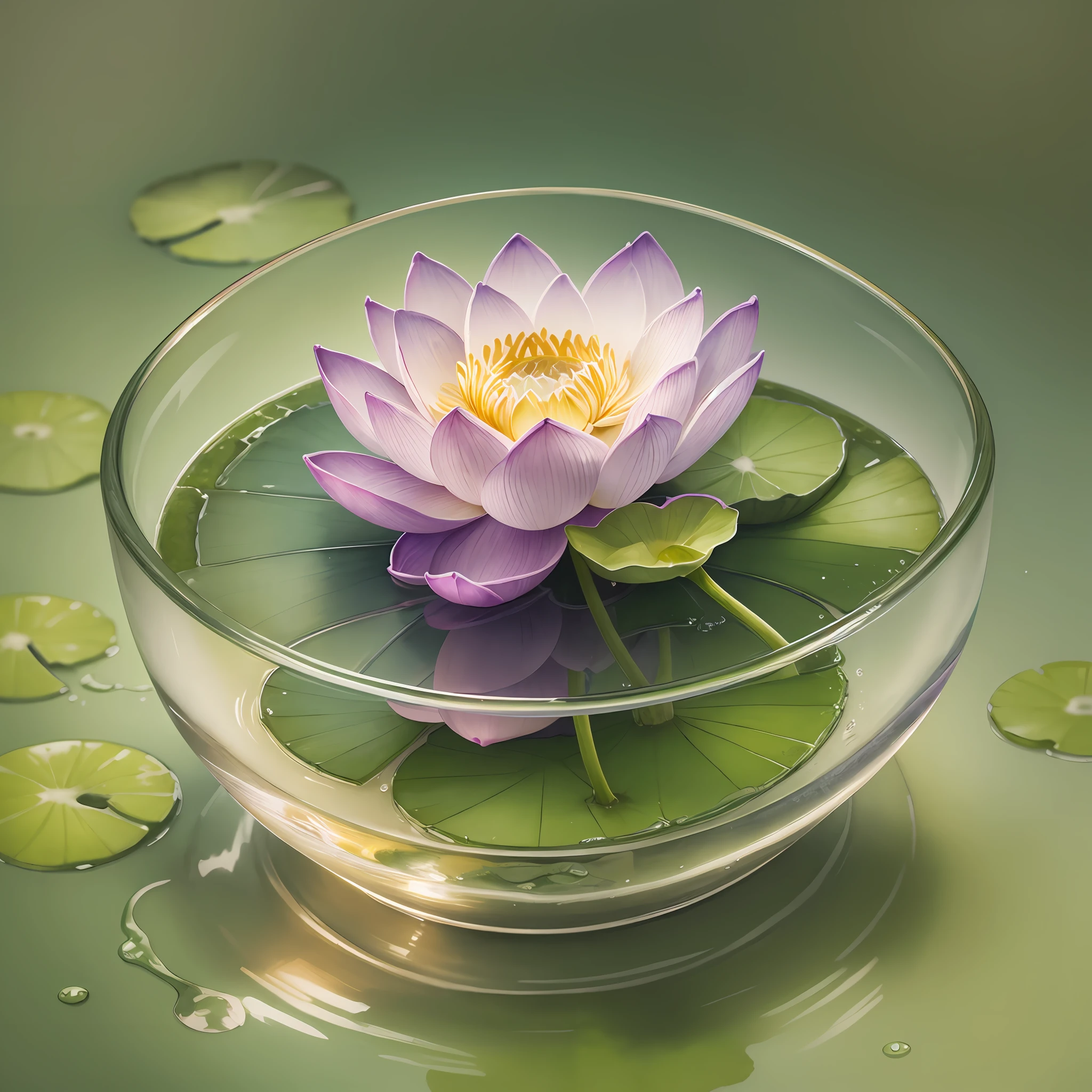 Watercolor drawing, realistic fantasy, Extensive landscape ultrasound photography (general view showing glass glass, roots braiding the glass, lotus, dew, air bubbles), blurred background, gloomy, yellow, green, purple background, pink, warm, magic --auto --s2